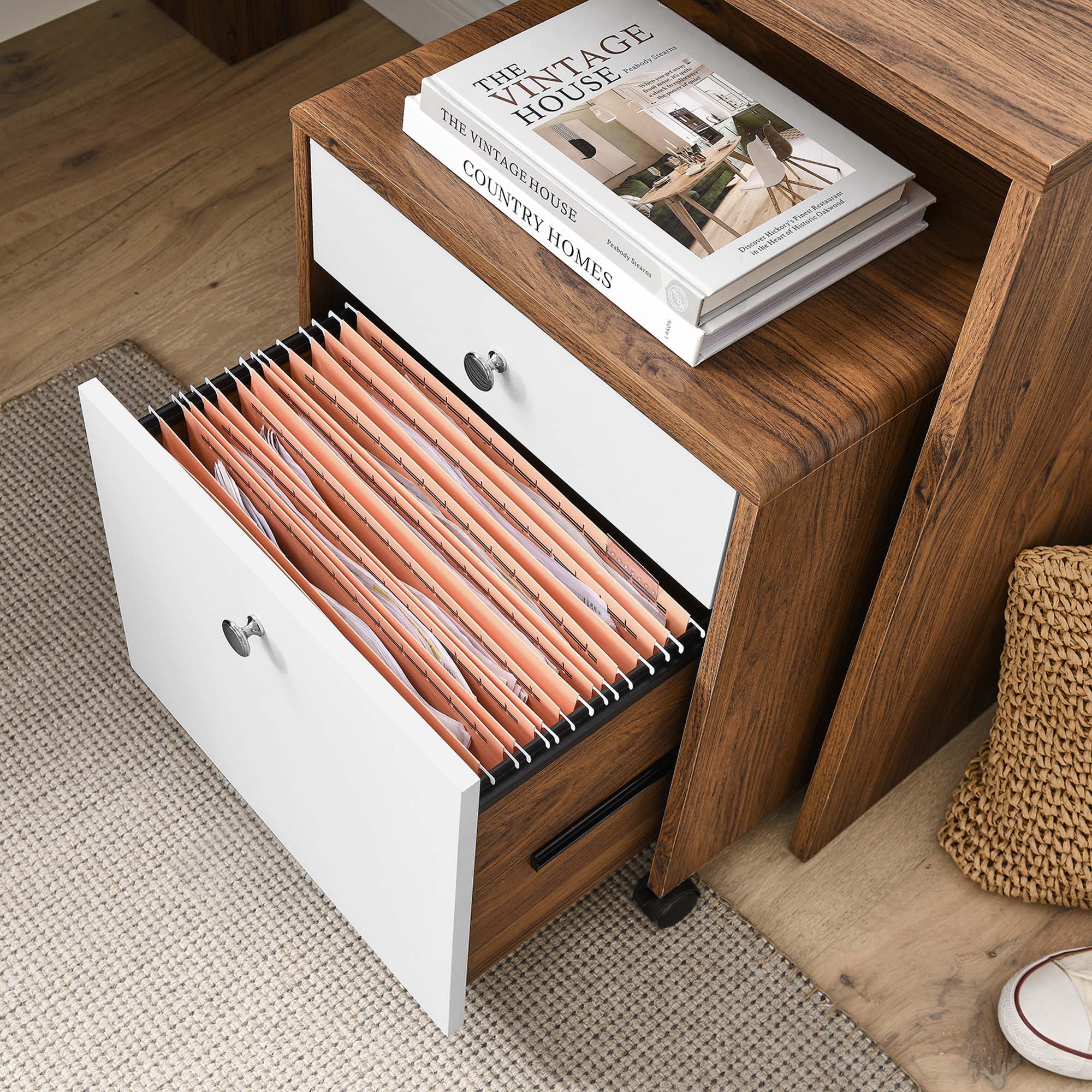Transmit Wood Desk and File Cabinet Set in Walnut White