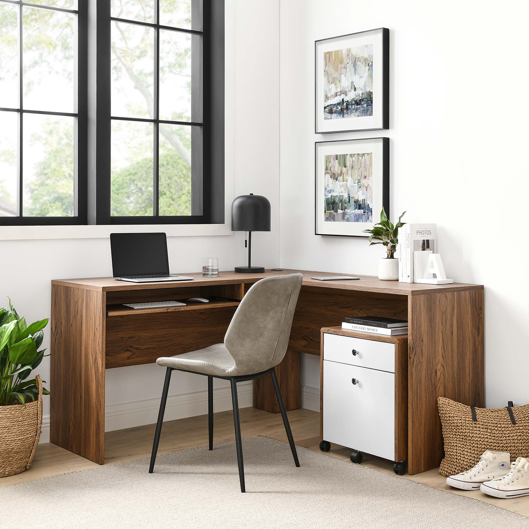 Transmit Wood Desk and File Cabinet Set in Walnut White