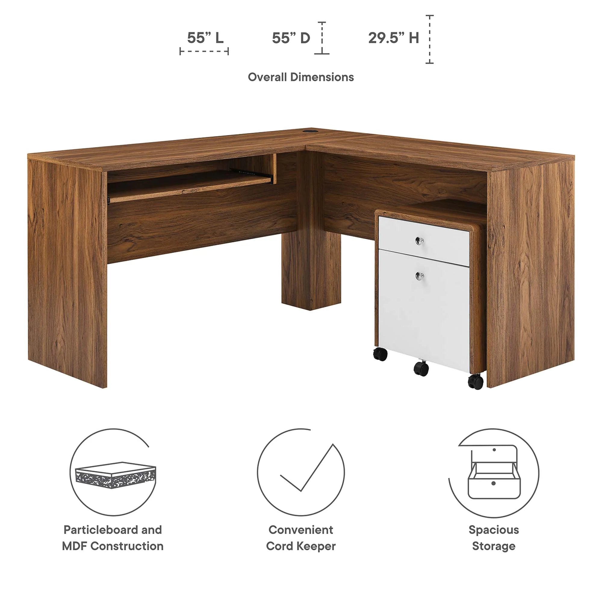 Transmit Wood Desk and File Cabinet Set in Walnut White
