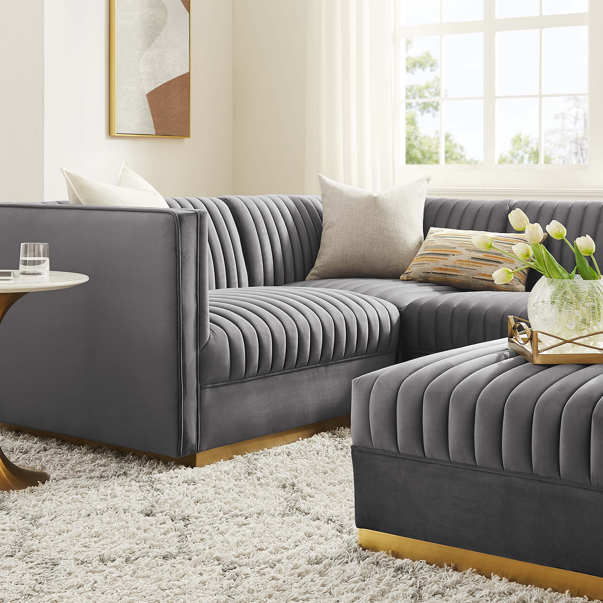 Sanguine 5-Piece Channel Tufted Performance Velvet Left-Facing Modular Sectional Sofa in Gray