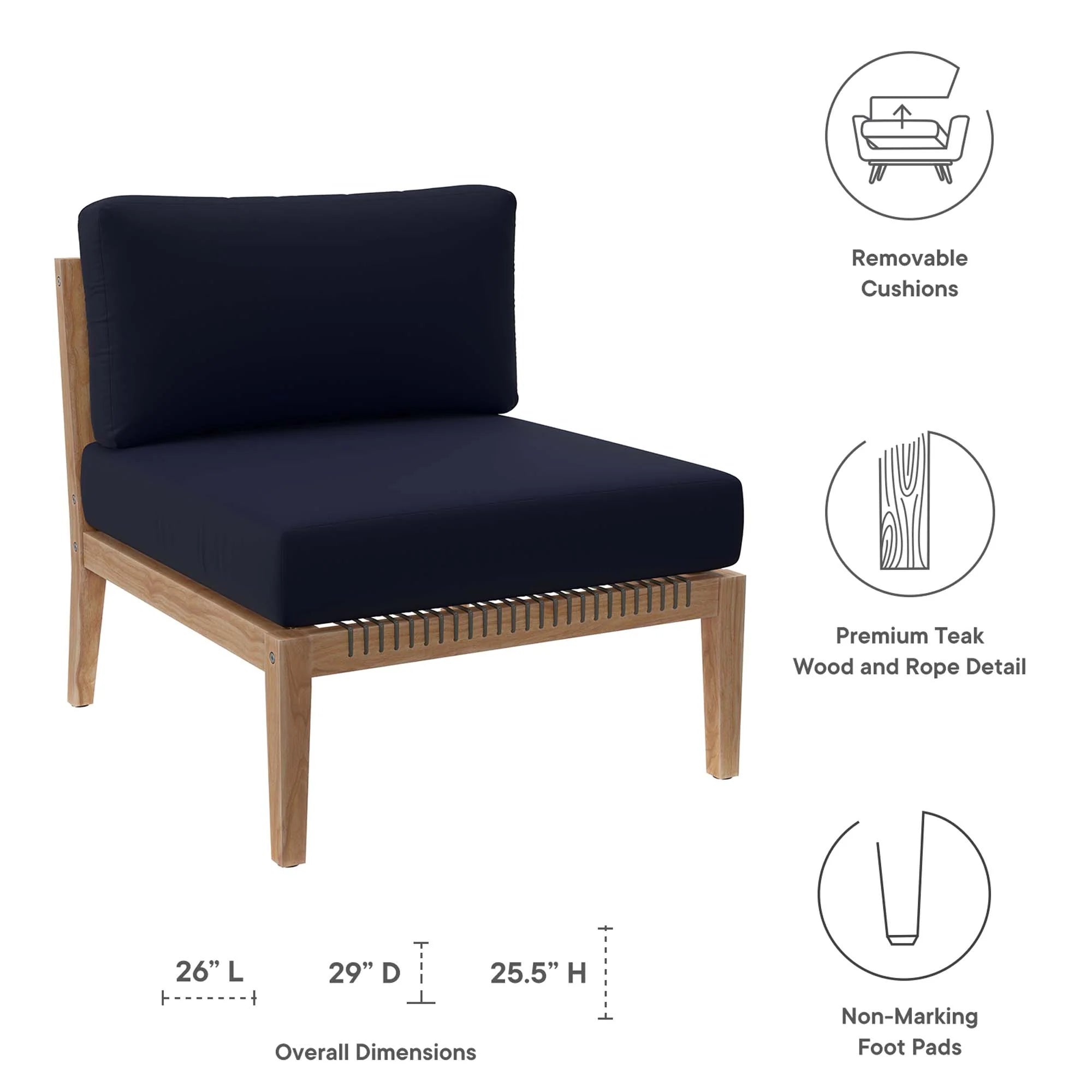 Chaise sans accoudoirs en bois de teck pour patio extérieur Clearwater