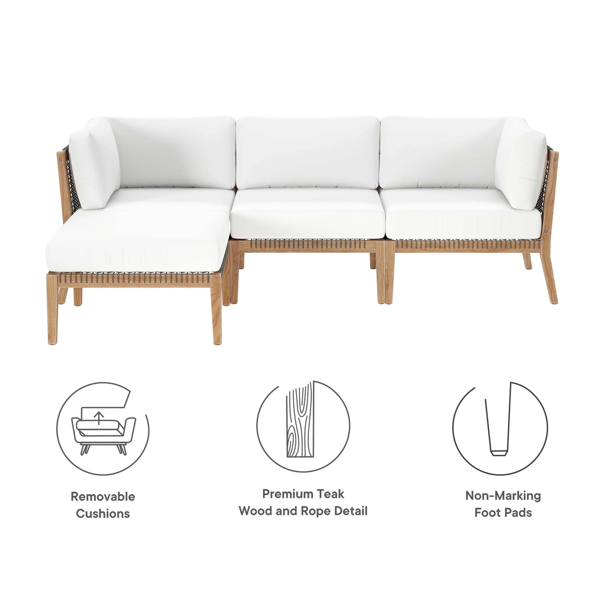 Clearwater 4-Piece Outdoor Patio Teak Wood Sectional Sofa
