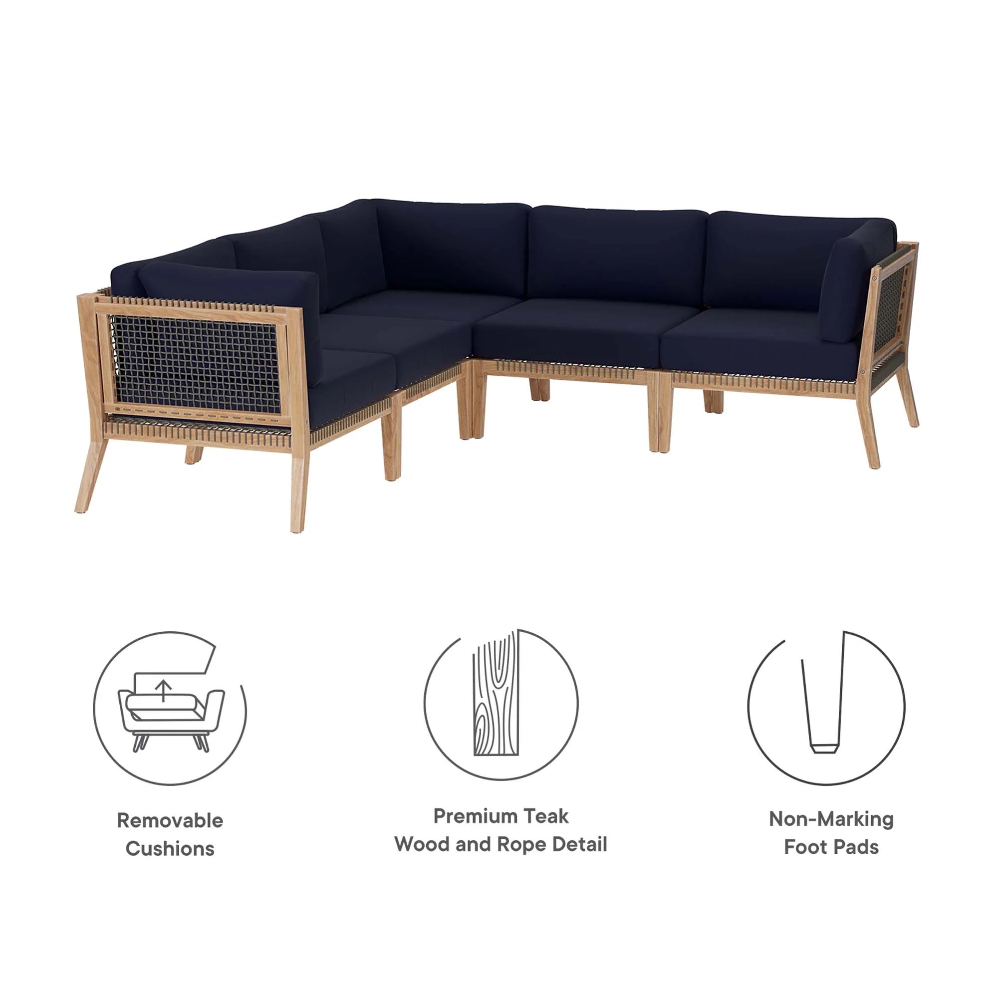 Clearwater 5-Piece Outdoor Patio Teak Wood Sectional Sofa