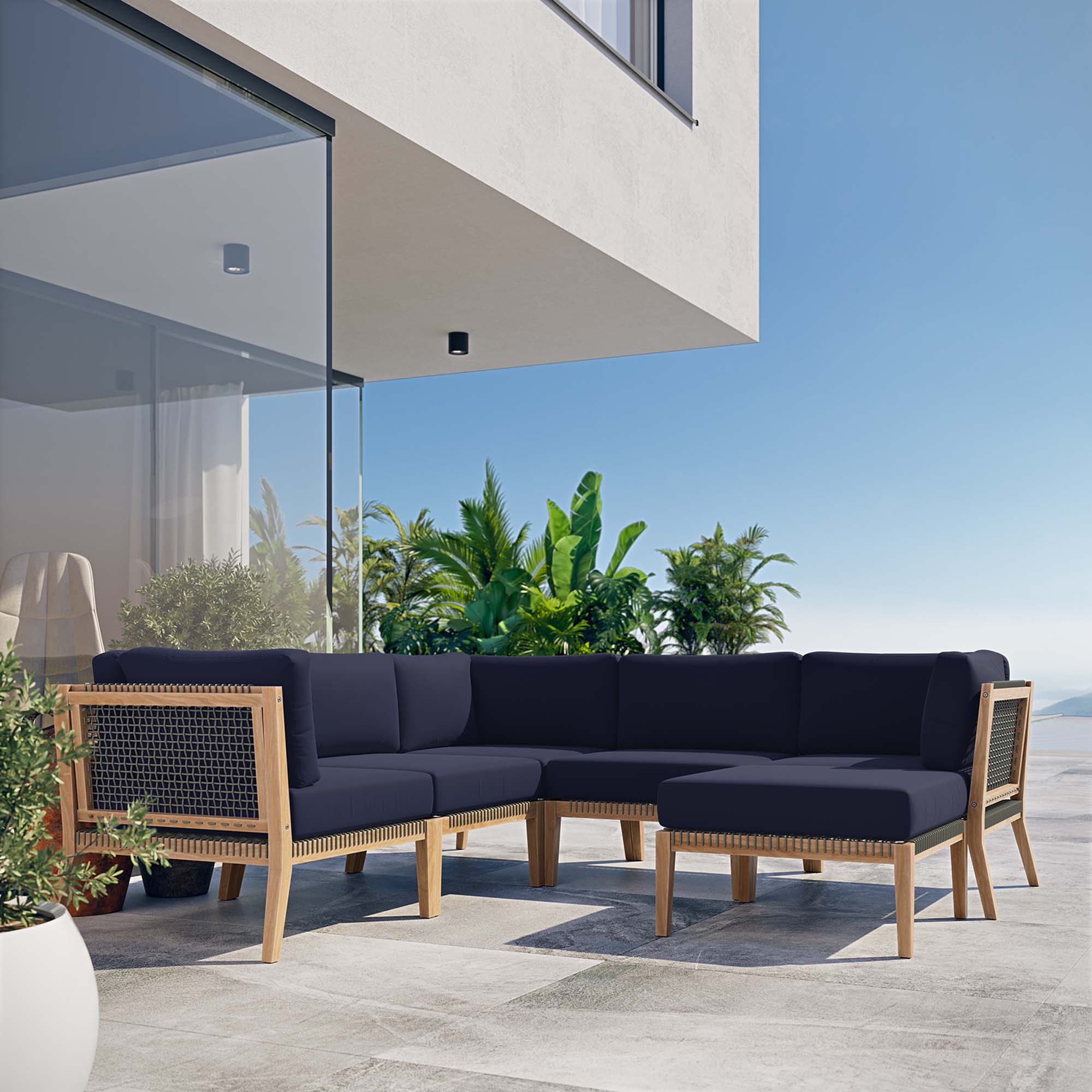 Clearwater 6-Piece Outdoor Patio Teak Wood Sectional Sofa