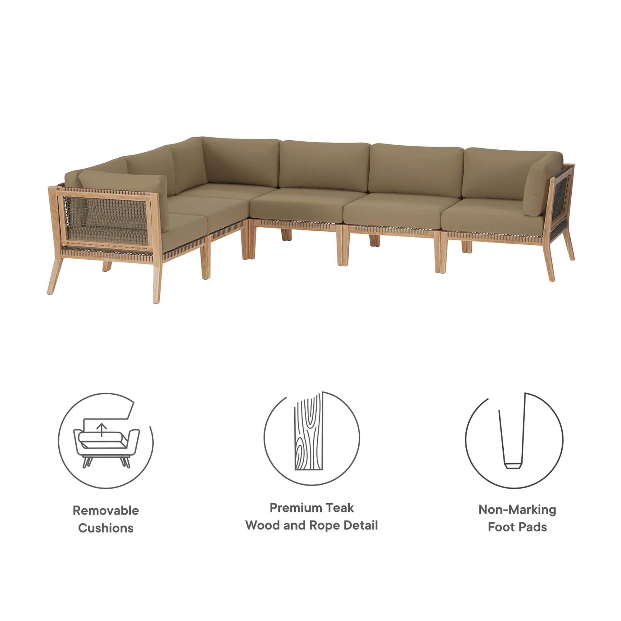 Clearwater 6-Piece Outdoor Patio Teak Wood Sectional Sofa