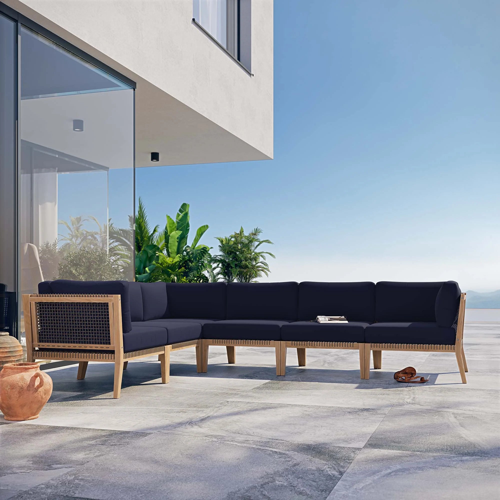 Clearwater 6-Piece Outdoor Patio Teak Wood Sectional Sofa