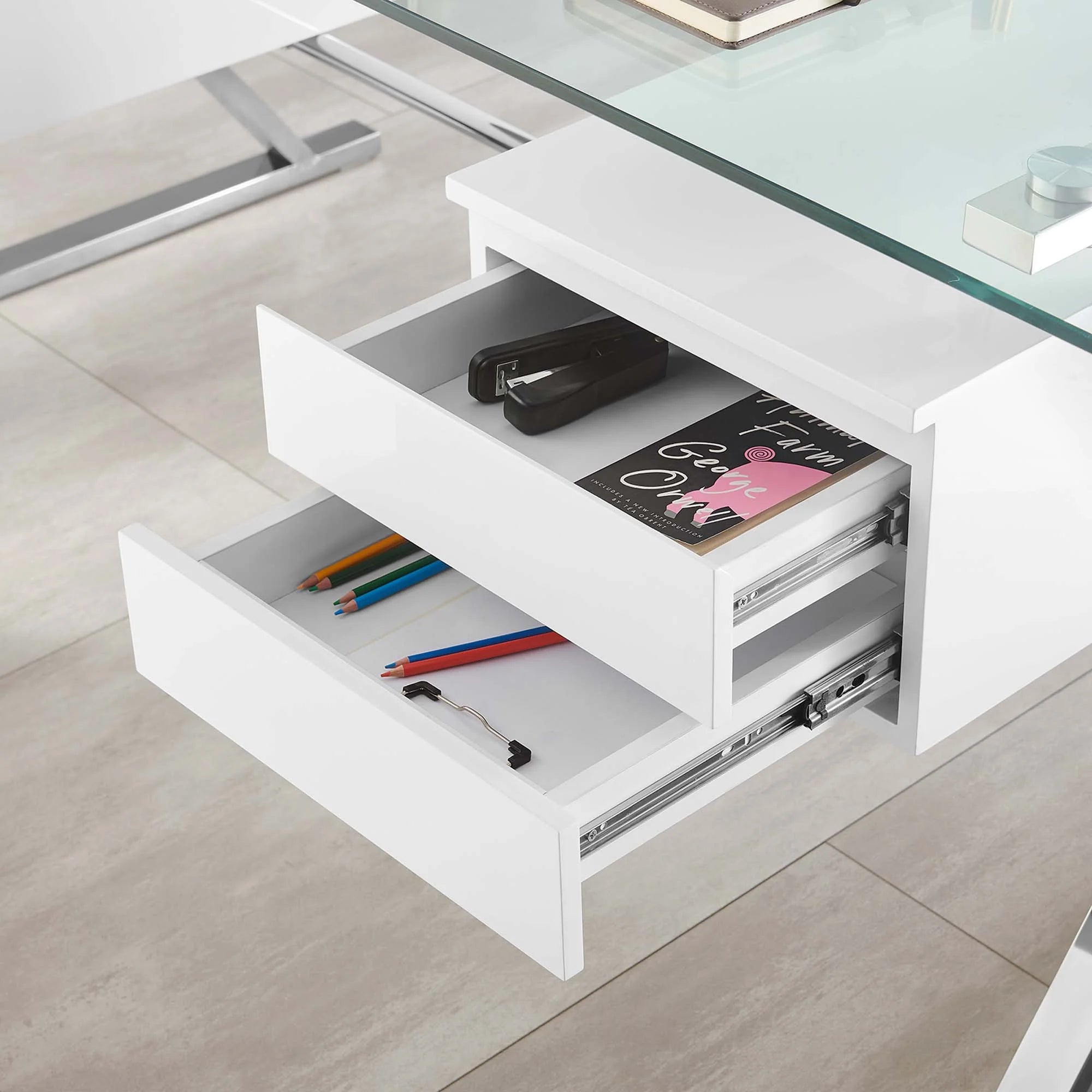 Sector 71" Glass Top Glass Office Desk in White