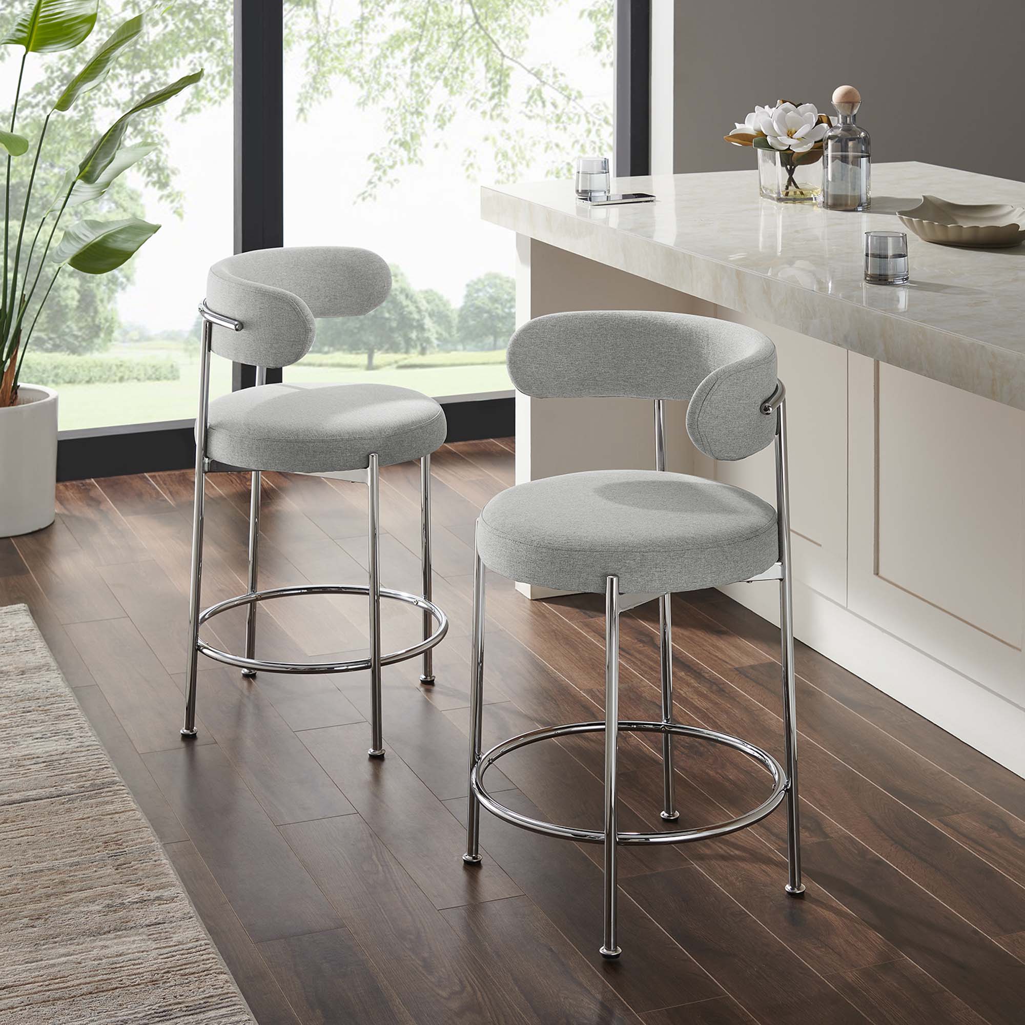 Albie Fabric Counter Stools Set of 2 in Gray Silver