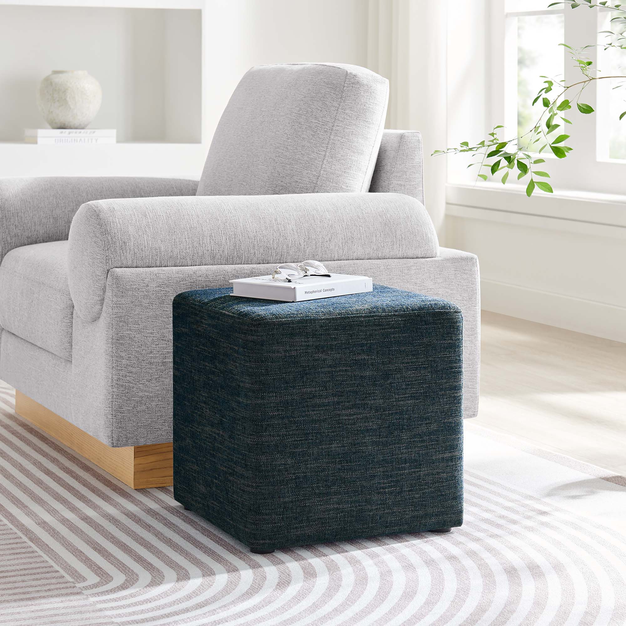 Callum Square Woven Heathered Fabric Upholstered Ottoman