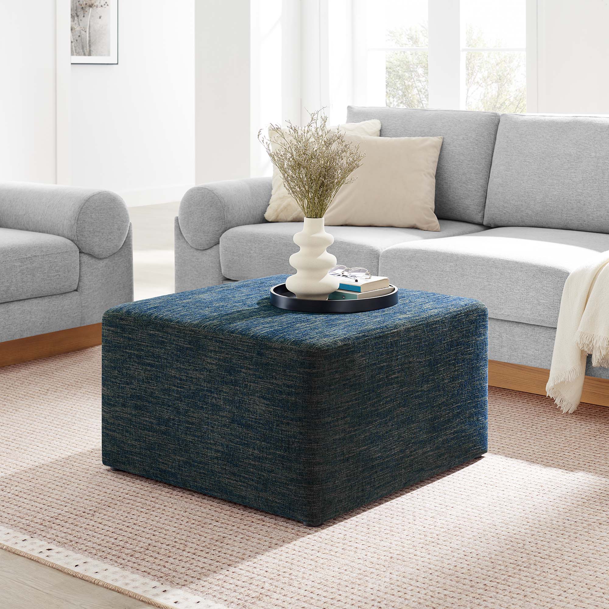 Callum Large Square Woven Heathered Fabric Upholstered Ottoman