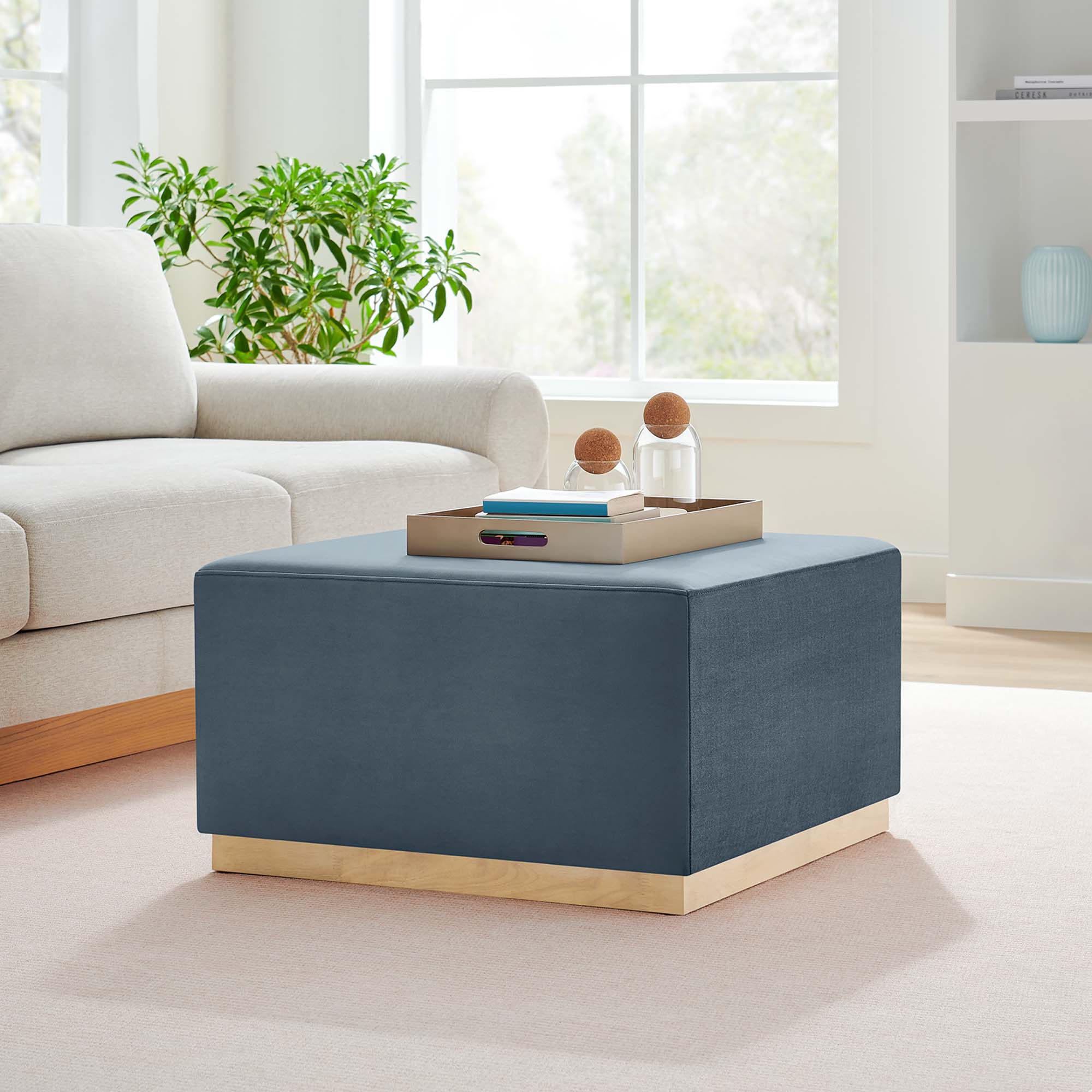 Tilden Large Square Performance Velvet Upholstered Ottoman