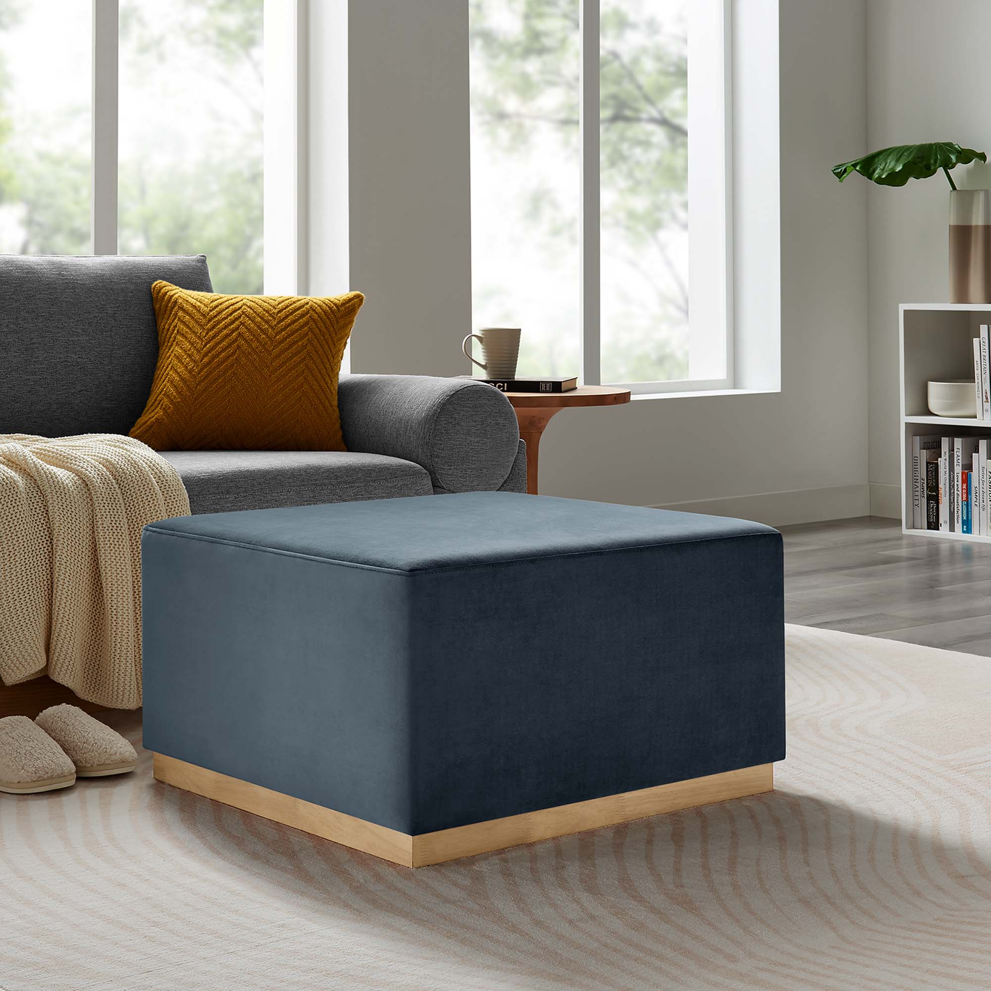 Tilden Large Square Performance Velvet Upholstered Ottoman