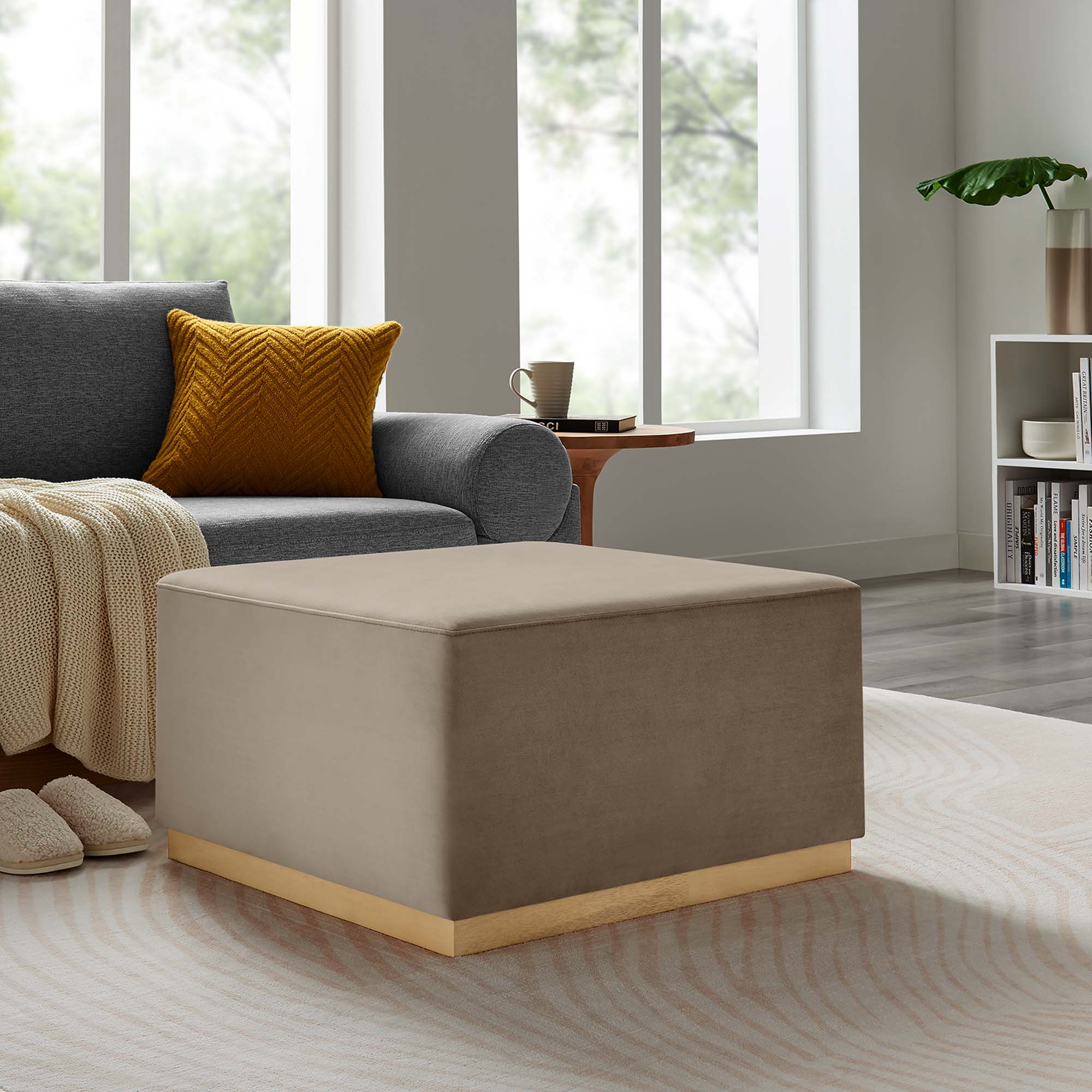 Tilden Large Square Performance Velvet Upholstered Ottoman