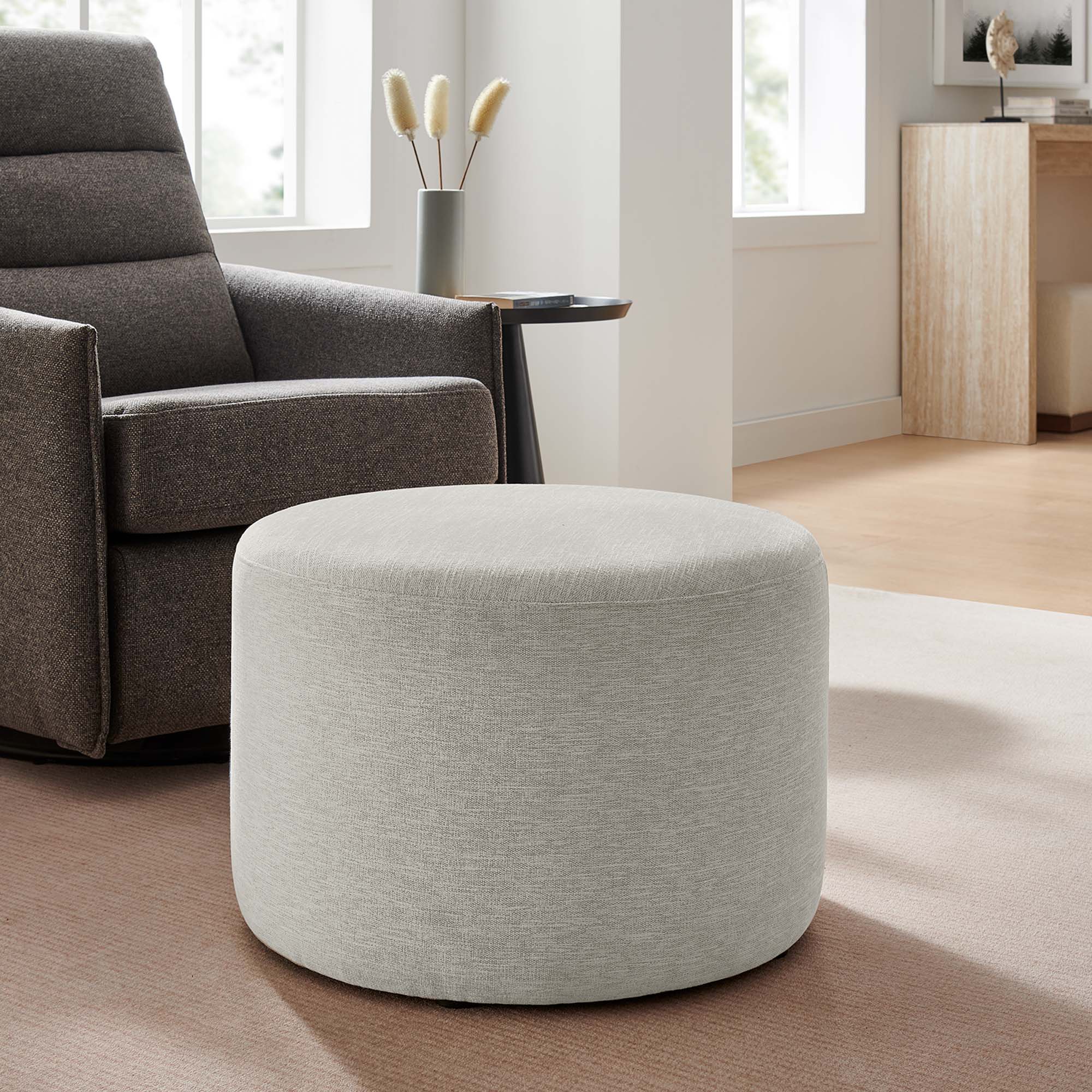 Callum Large Round Woven Heathered Fabric Upholstered Ottoman
