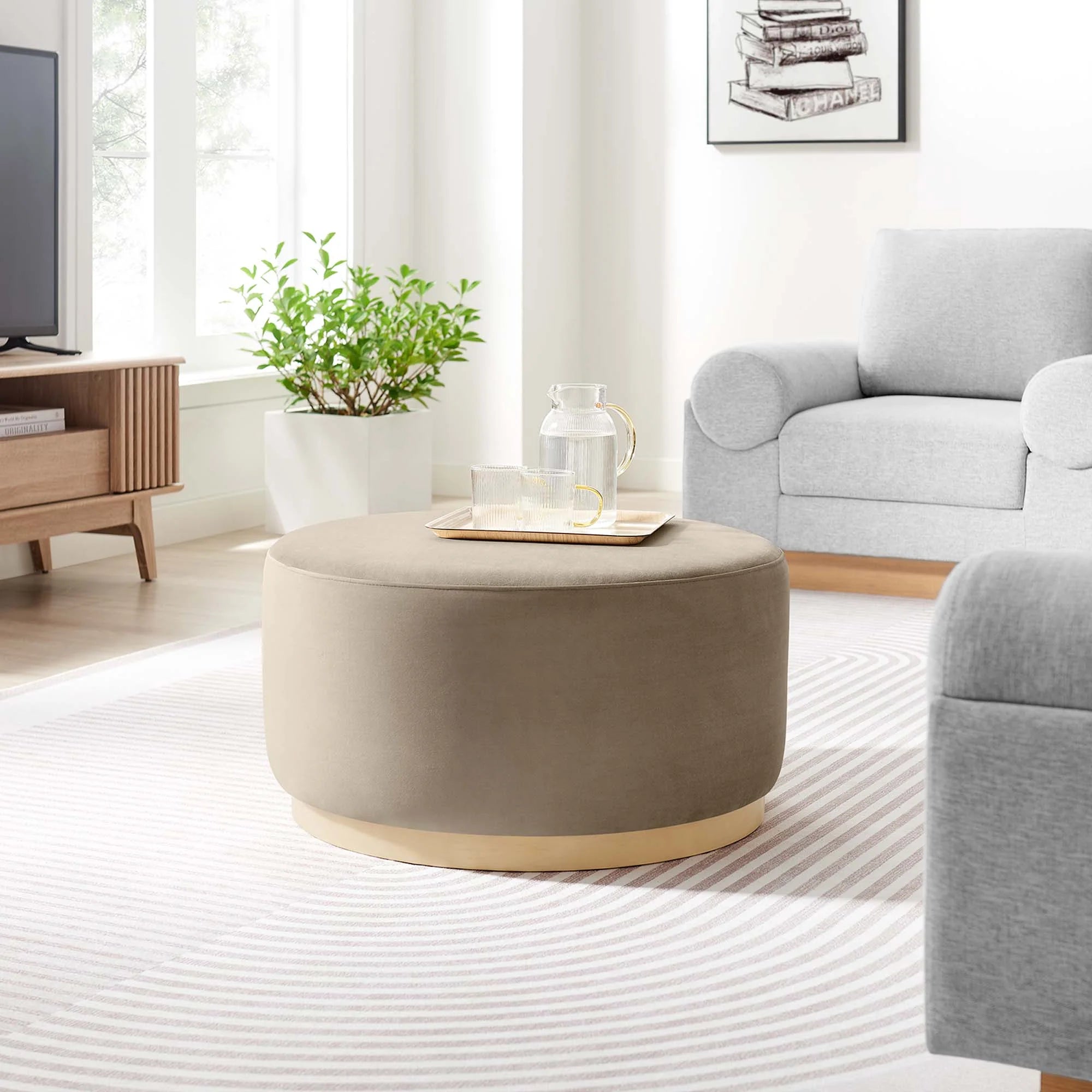 Tilden Large Round Performance Velvet Upholstered Ottoman