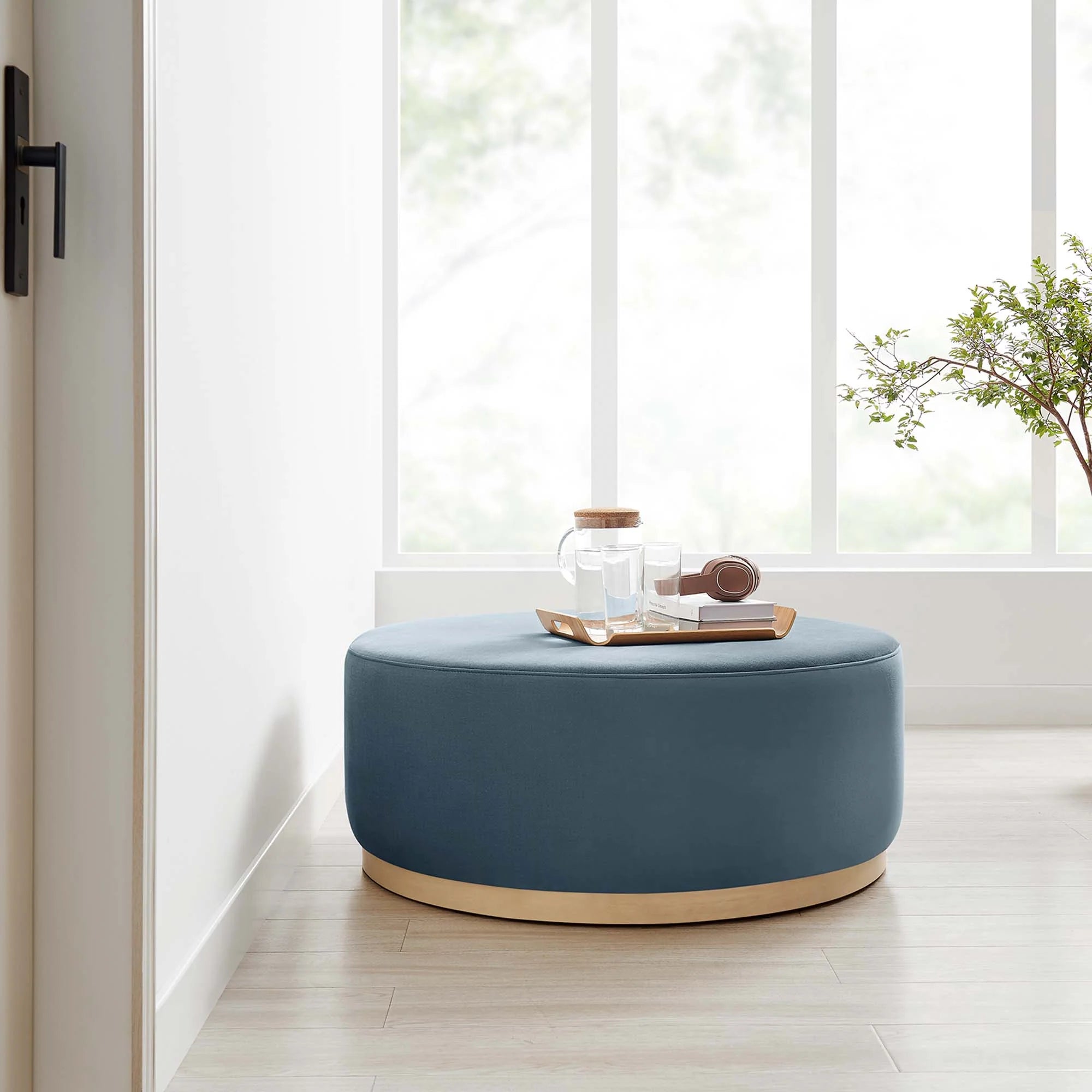 Tilden Large Round Performance Velvet Upholstered Ottoman