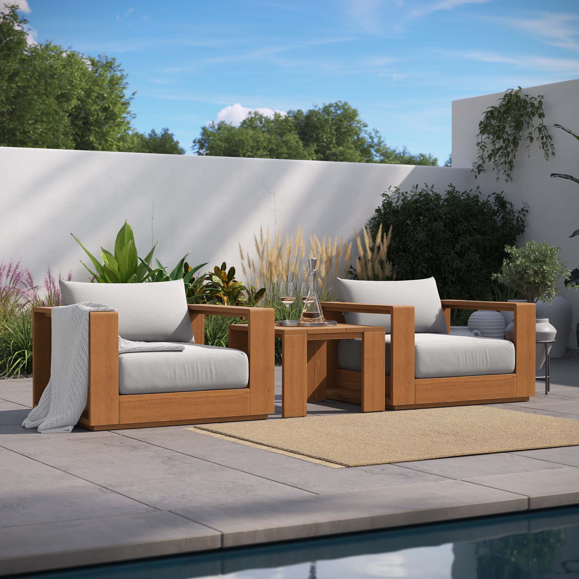 Tahoe 3-Piece Outdoor Patio Acacia Wood Furniture Set in Natural Light Gray