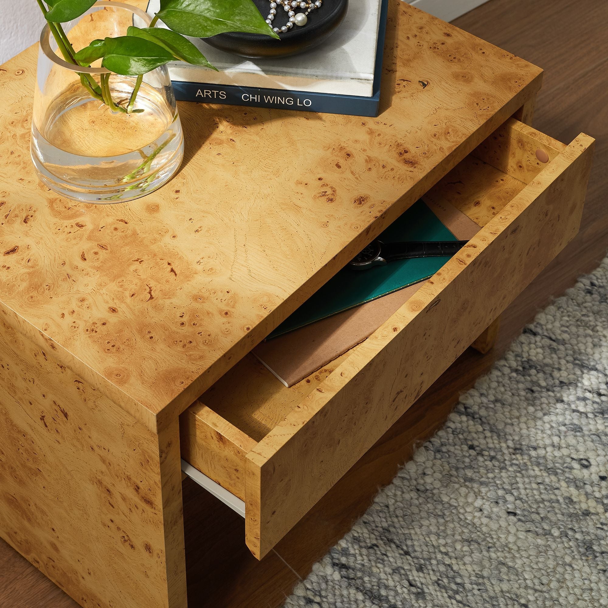 Hudson 1-Drawer Burl Wood Nightstand