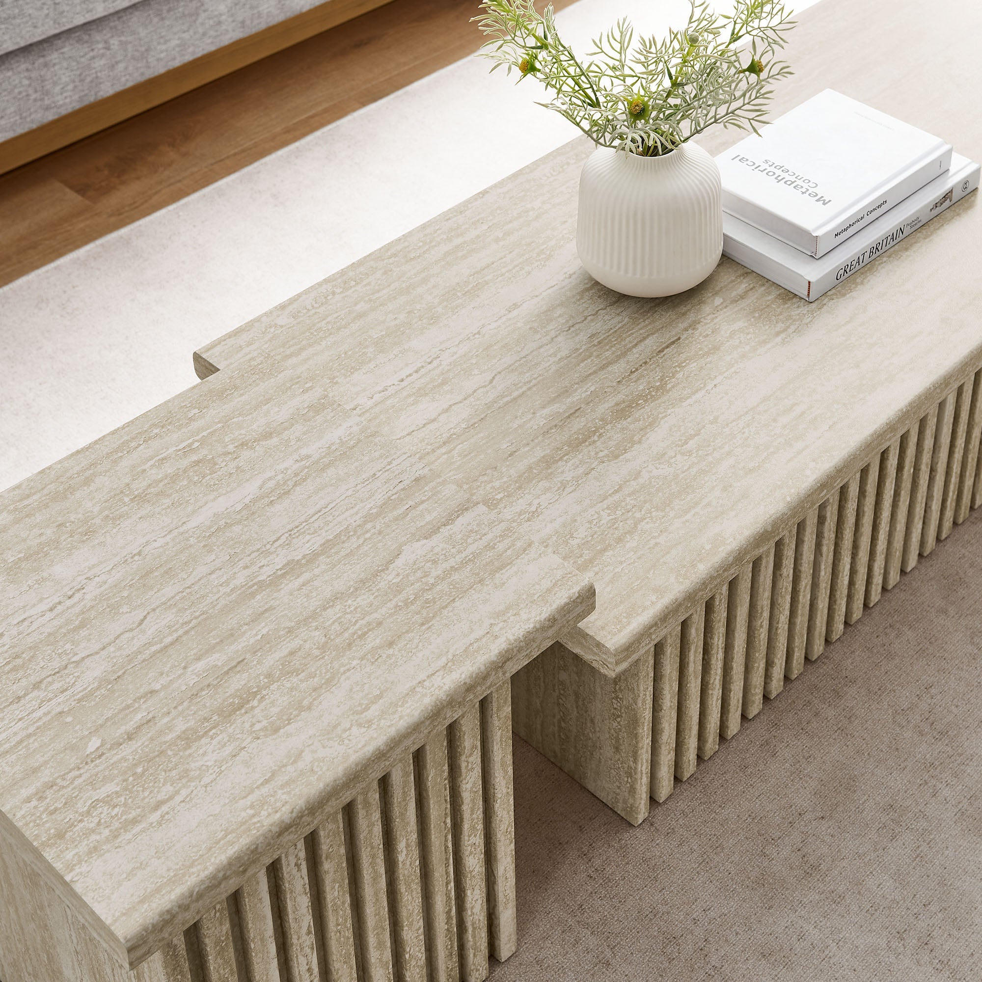 Render Nesting Faux Travertine Coffee Tables Set of 2 in Travertine