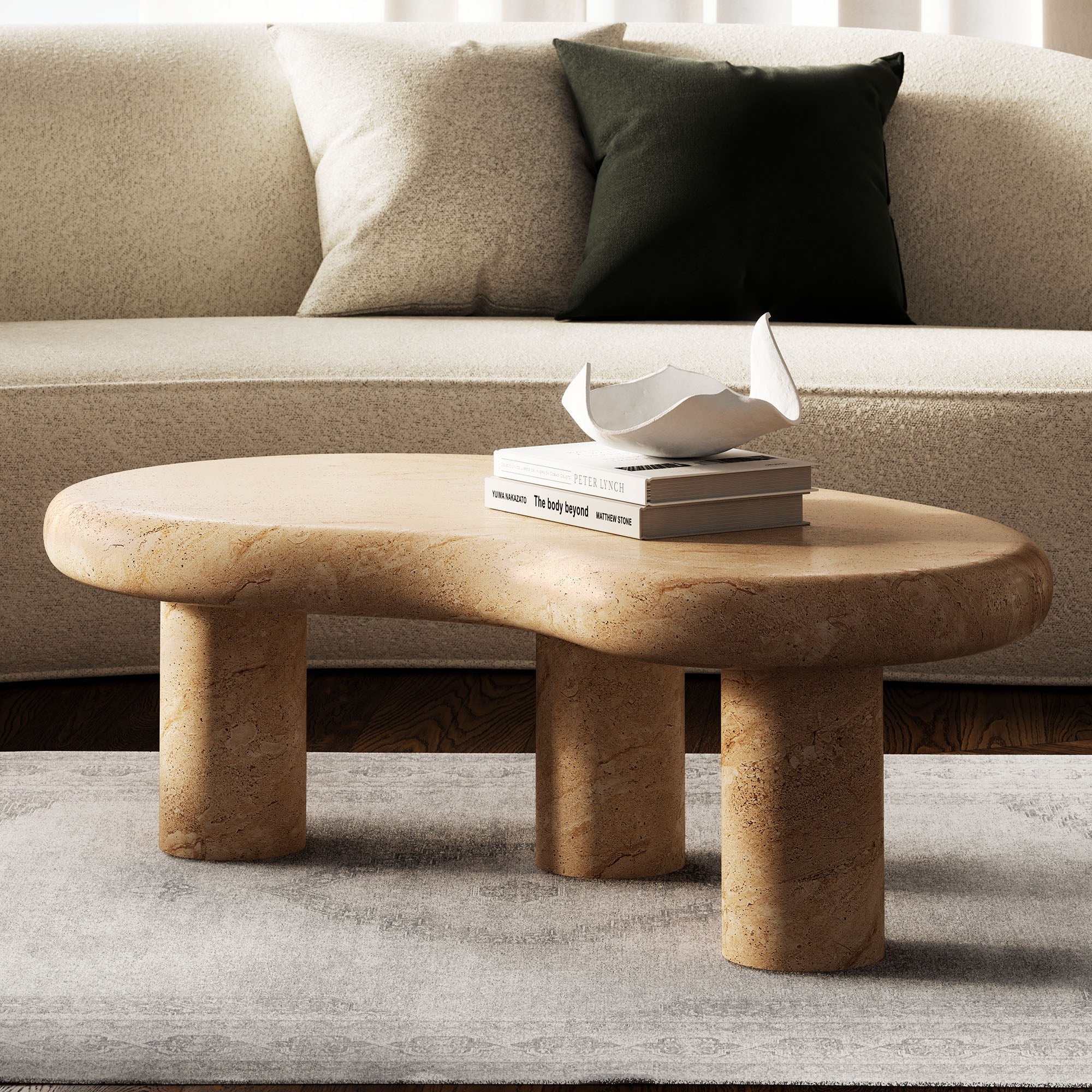 Elowen Indoor - Outdoor Patio Textured Faux Travertine Coffee Table in Travertine