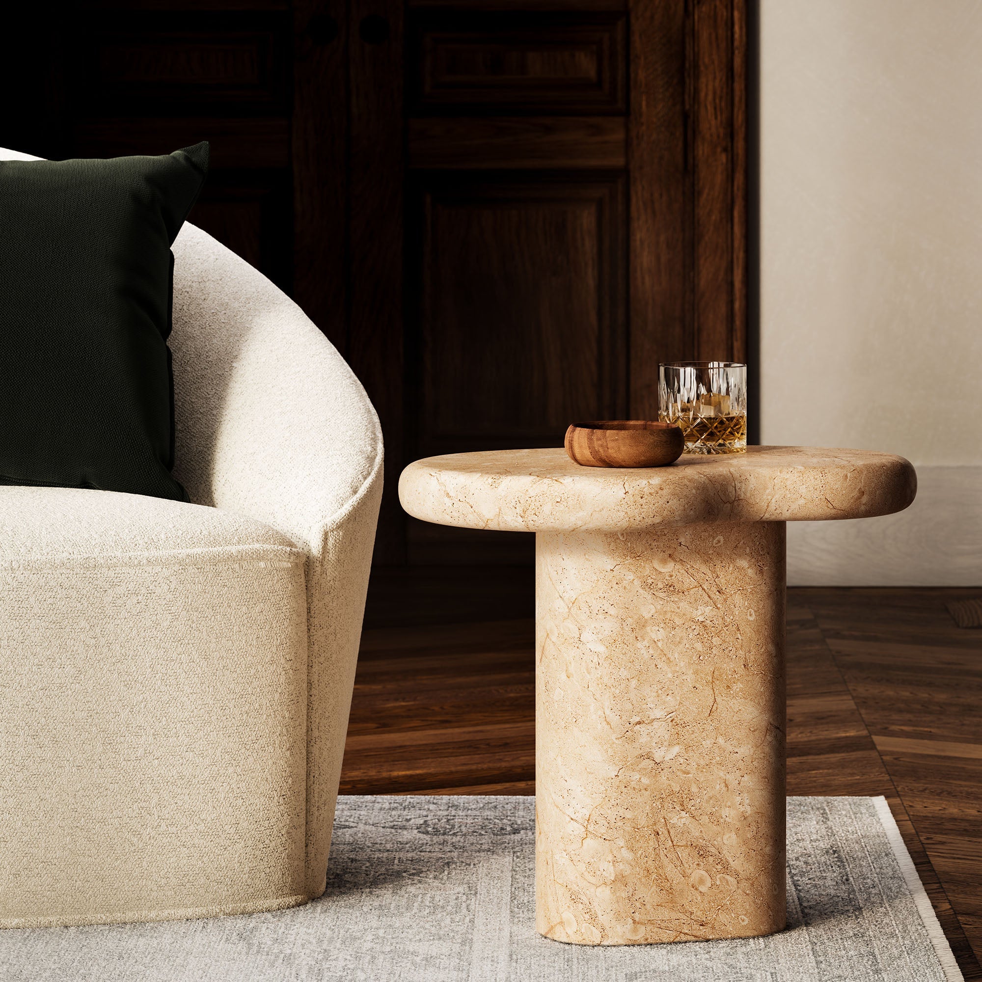 Table d'appoint en faux travertin texturé pour patio intérieur et extérieur Elowen en travertin