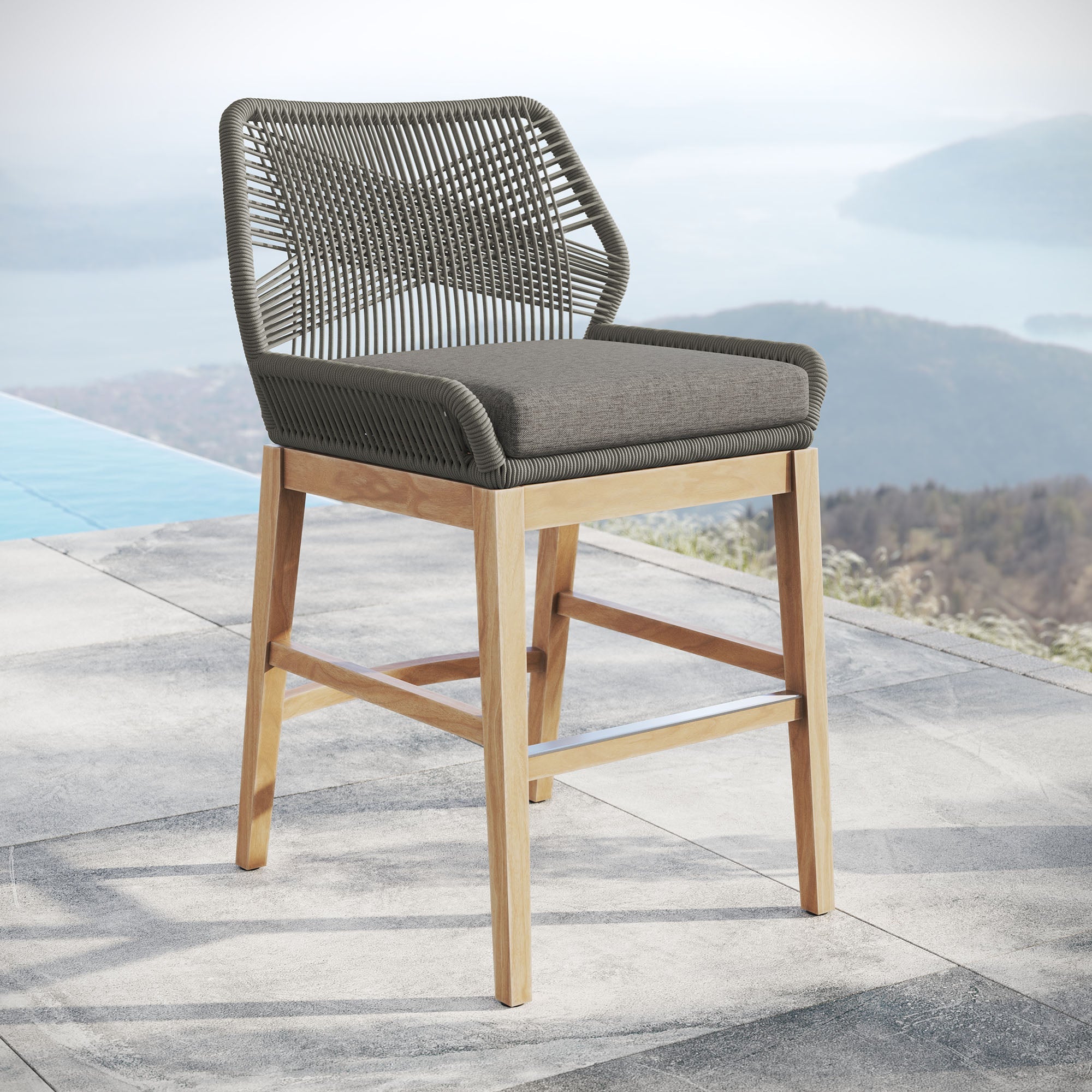 Tabouret de bar d'extérieur en teck et corde Wellspring