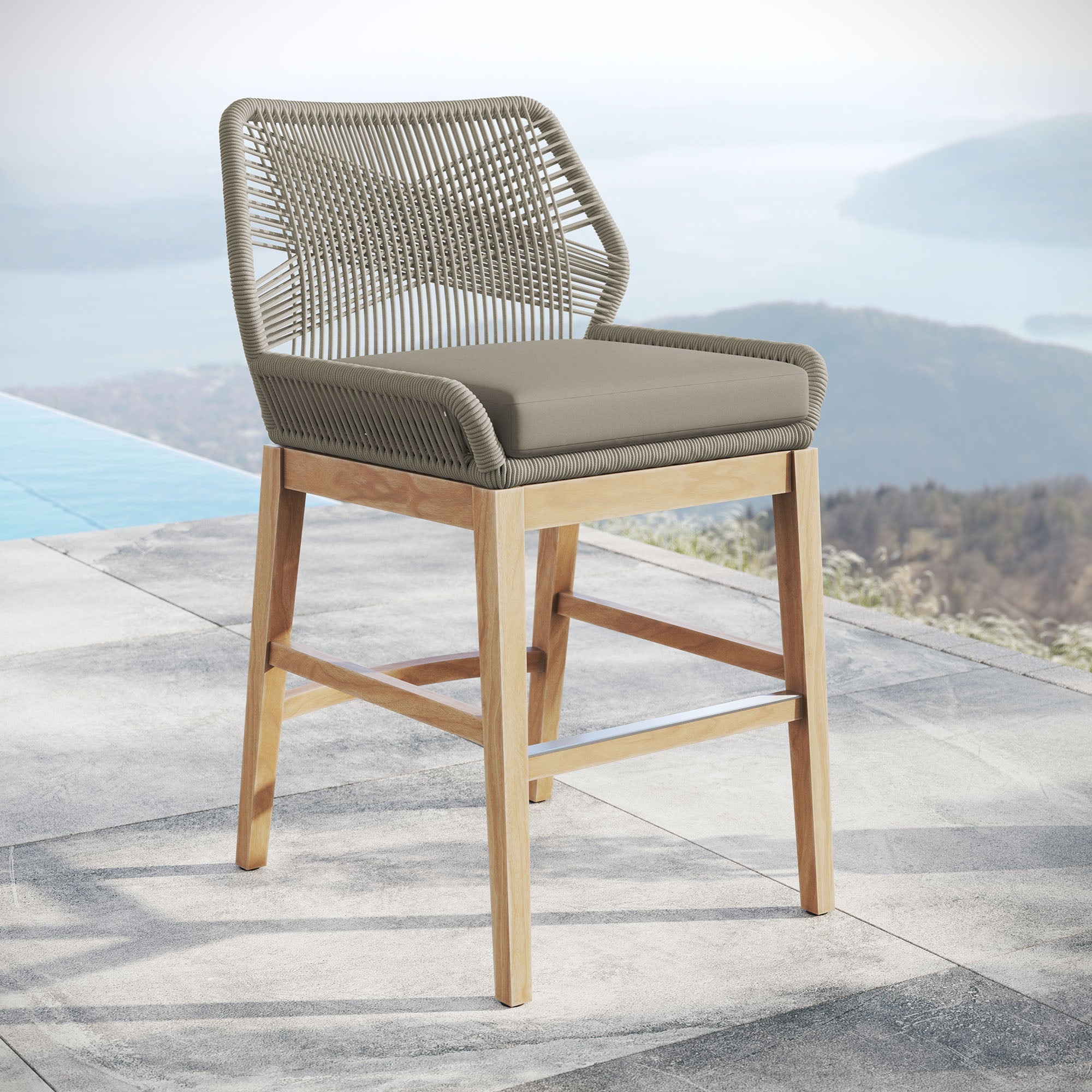 Tabouret de bar d'extérieur en teck et corde Wellspring