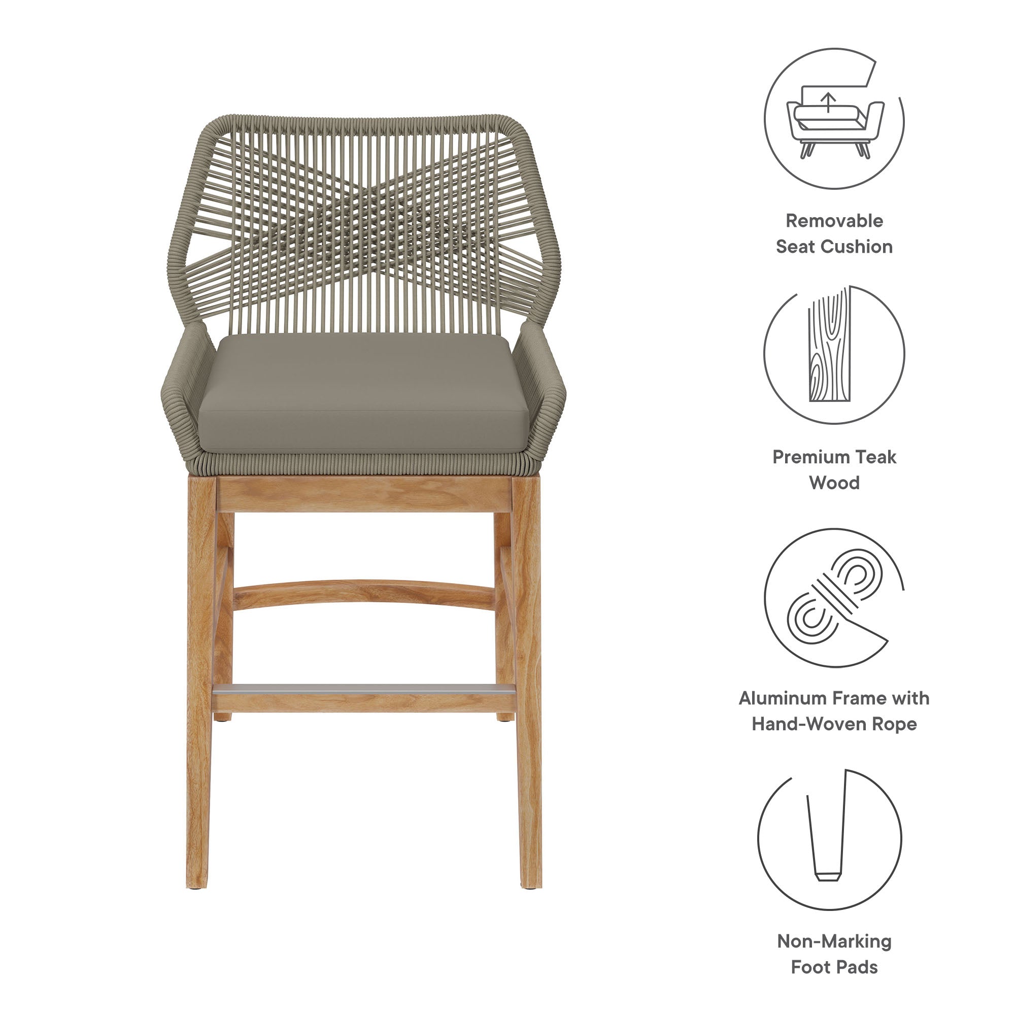 Tabouret de bar d'extérieur en teck et corde Wellspring