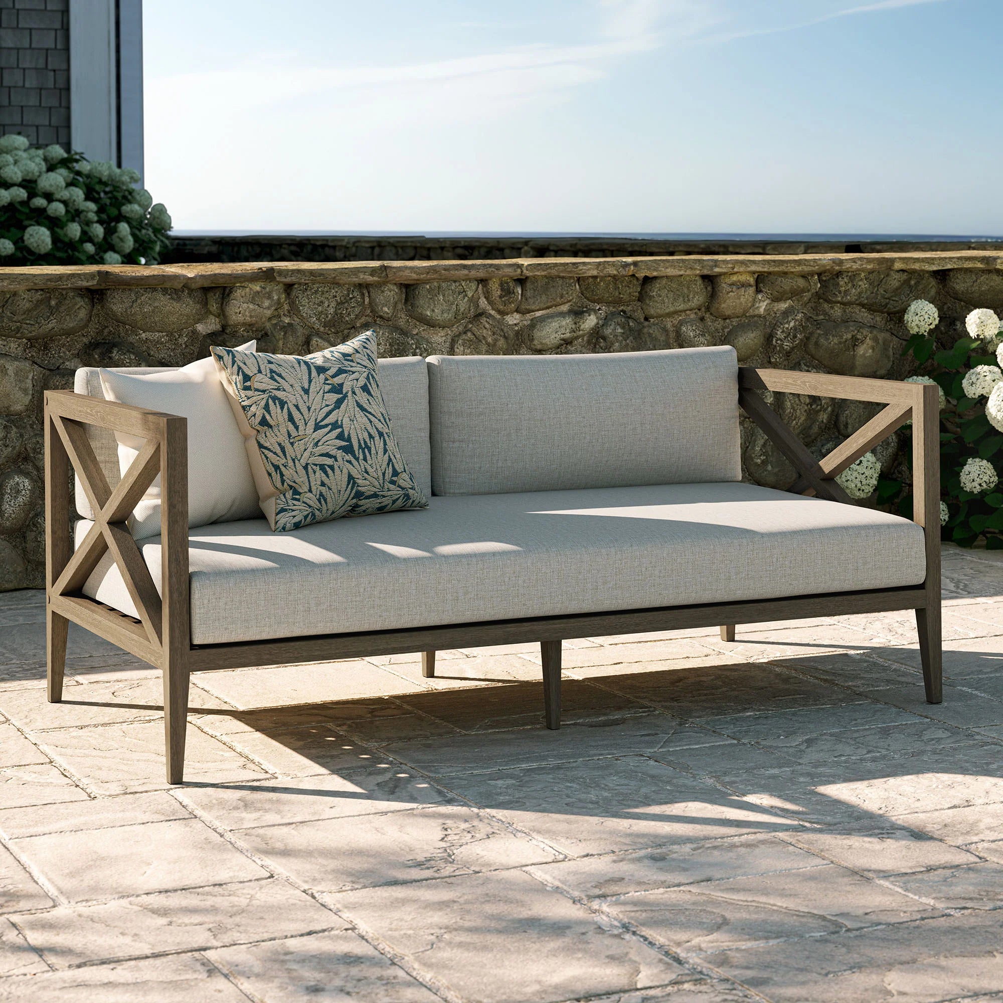 Northlake Outdoor Patio Teak Loveseat in Weathered Gray White