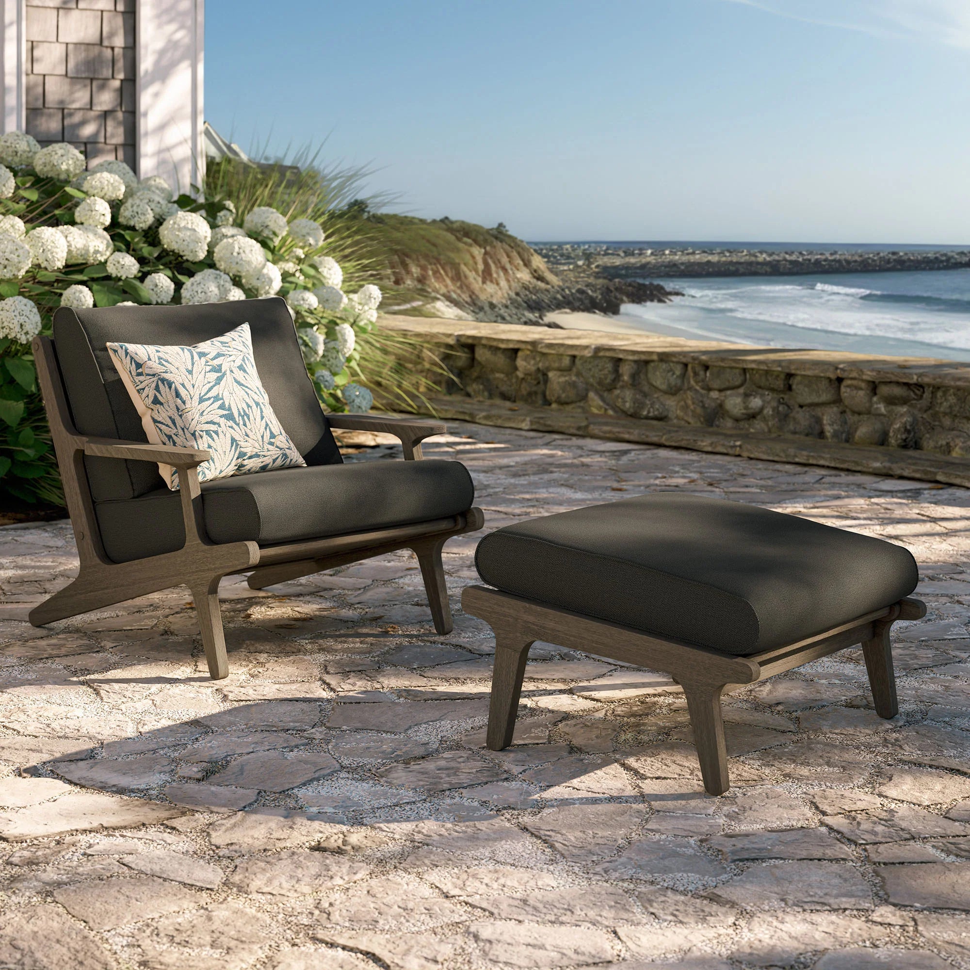 Saratoga Outdoor Patio Teak Wood Chair and Ottoman Set in Weathered