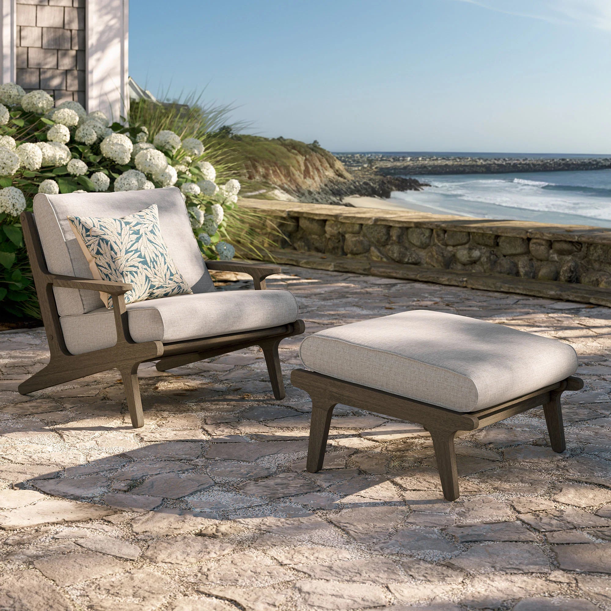 Saratoga Outdoor Patio Teak Wood Chair and Ottoman Set in Weathered