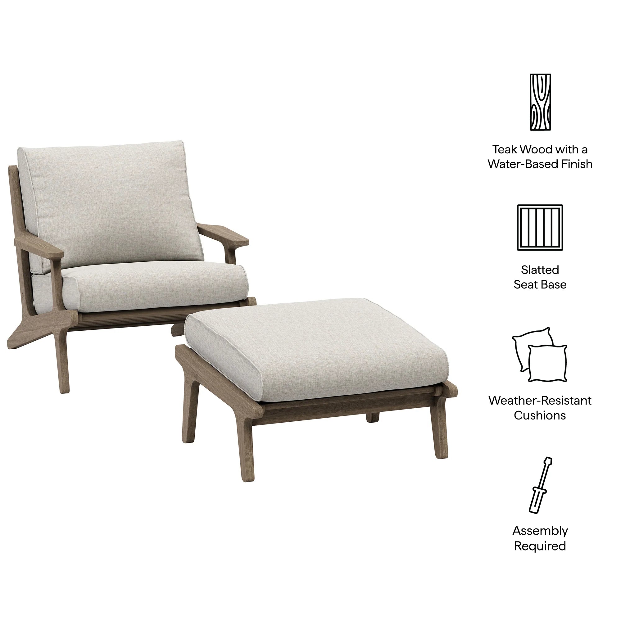 Saratoga Outdoor Patio Teak Wood Chair and Ottoman Set in Weathered