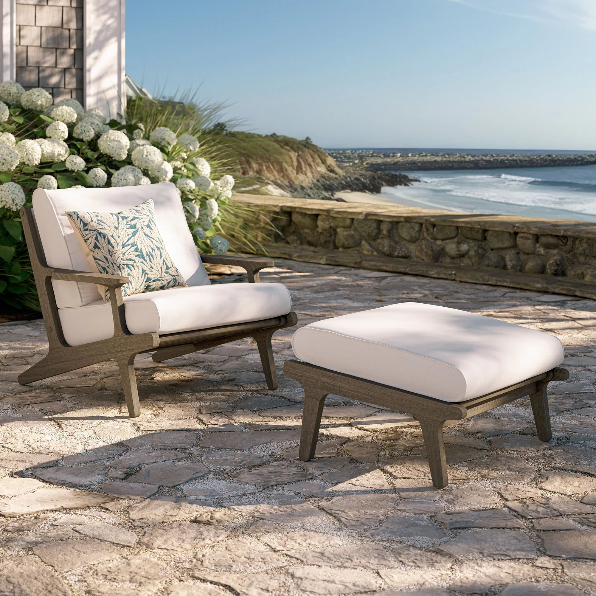 Saratoga Outdoor Patio Teak Wood Chair and Ottoman Set in Weathered