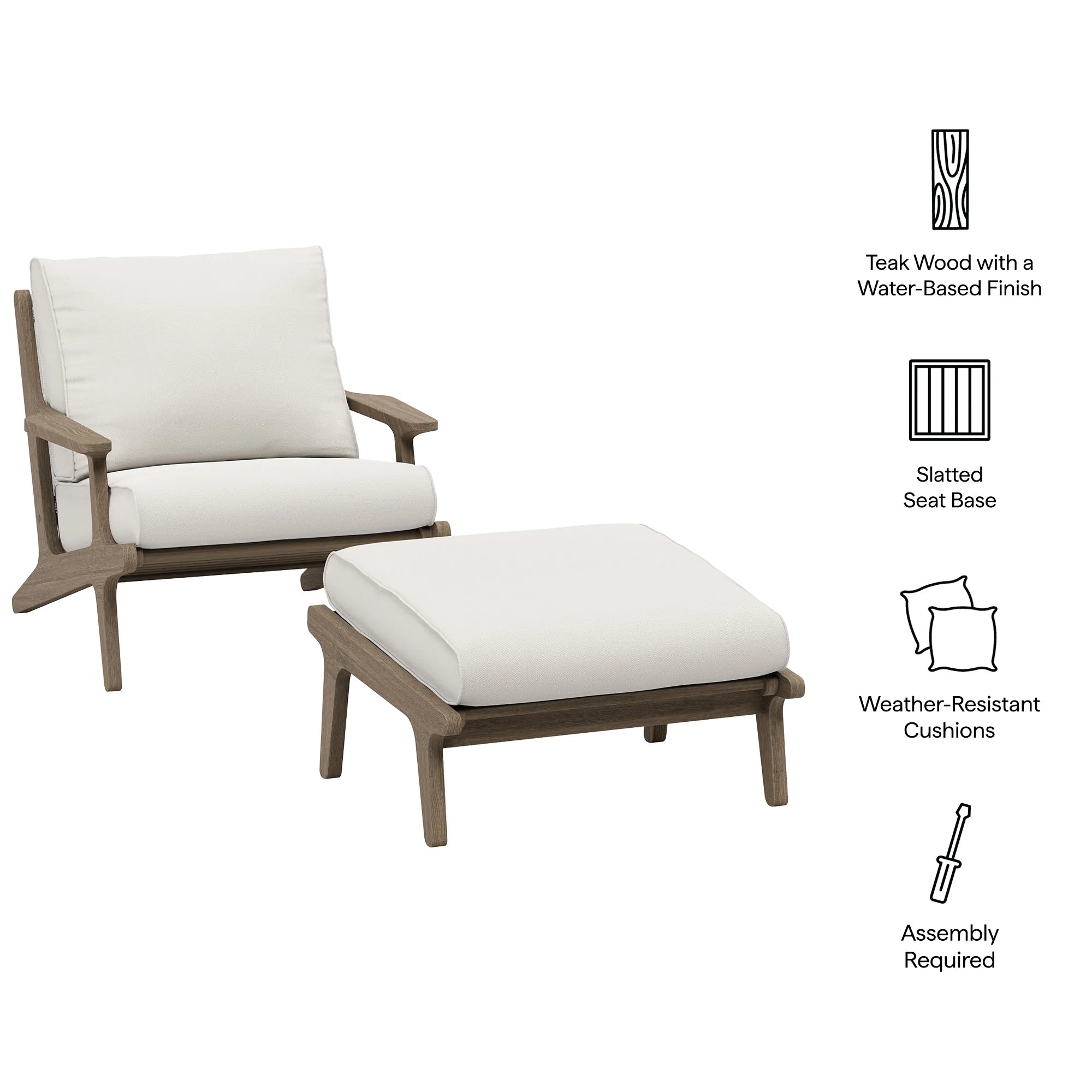 Saratoga Outdoor Patio Teak Wood Chair and Ottoman Set in Weathered