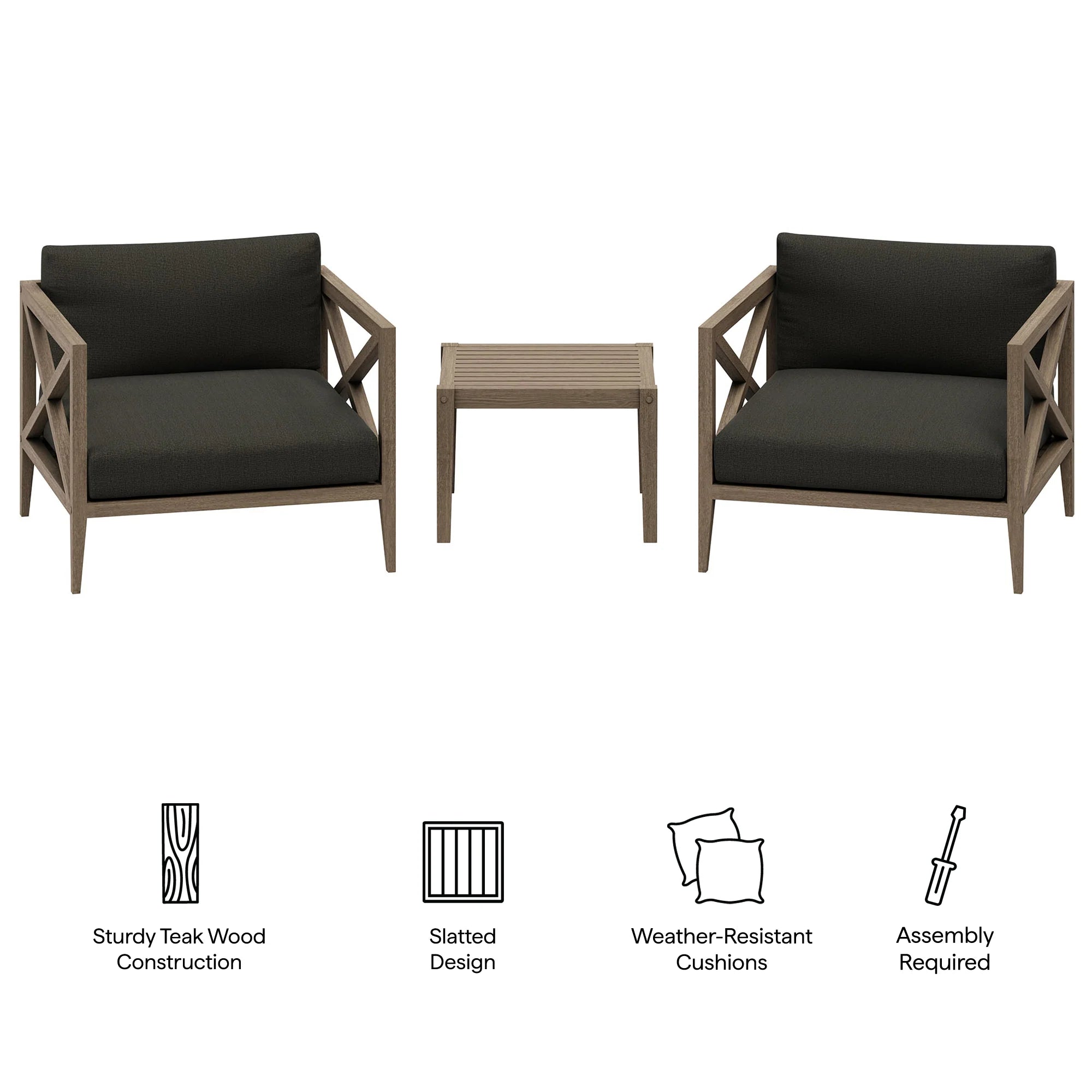 Northlake 3-Piece Outdoor Teak Wood Furniture Set with Armchair and Side Table