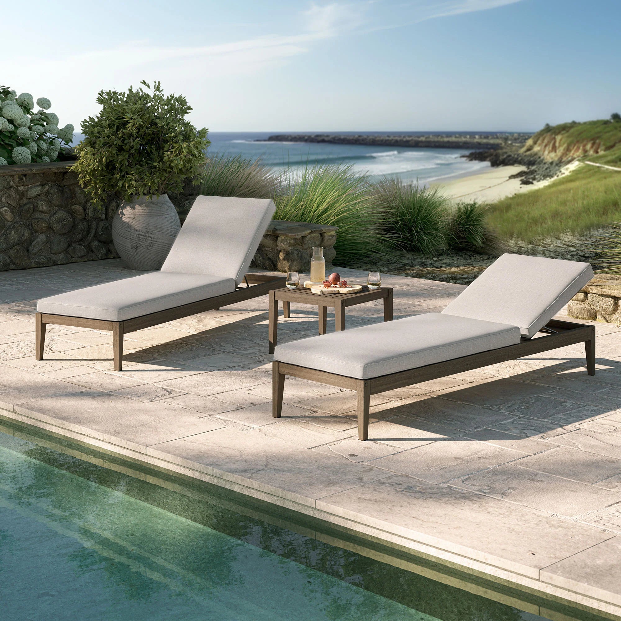 Northlake 3-Piece Outdoor Teak Wood Furniture Set with Chaise Lounges and Side Table