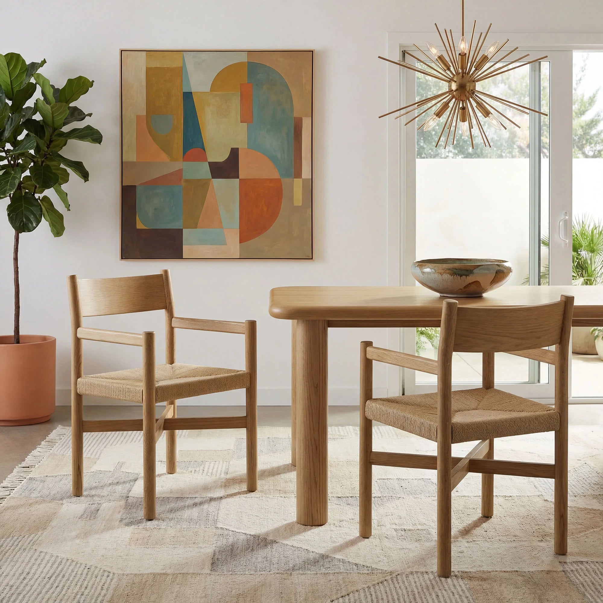 Alvia Wood Dining Armchairs With Woven Seats Set of 2