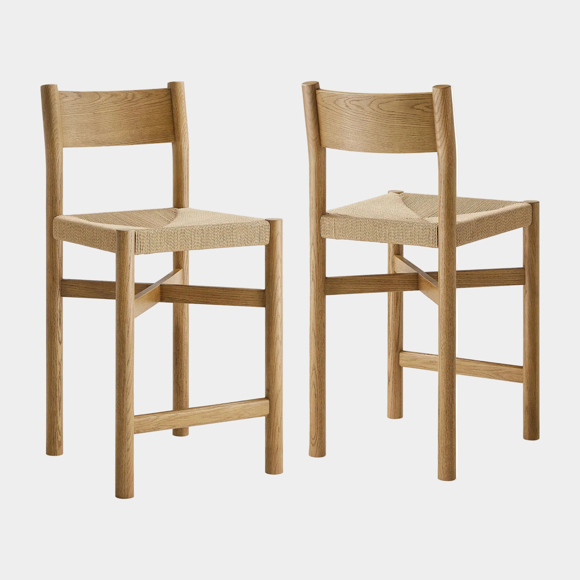 Alvia Oak Wood Counter Stools With Woven Seats Set of 2