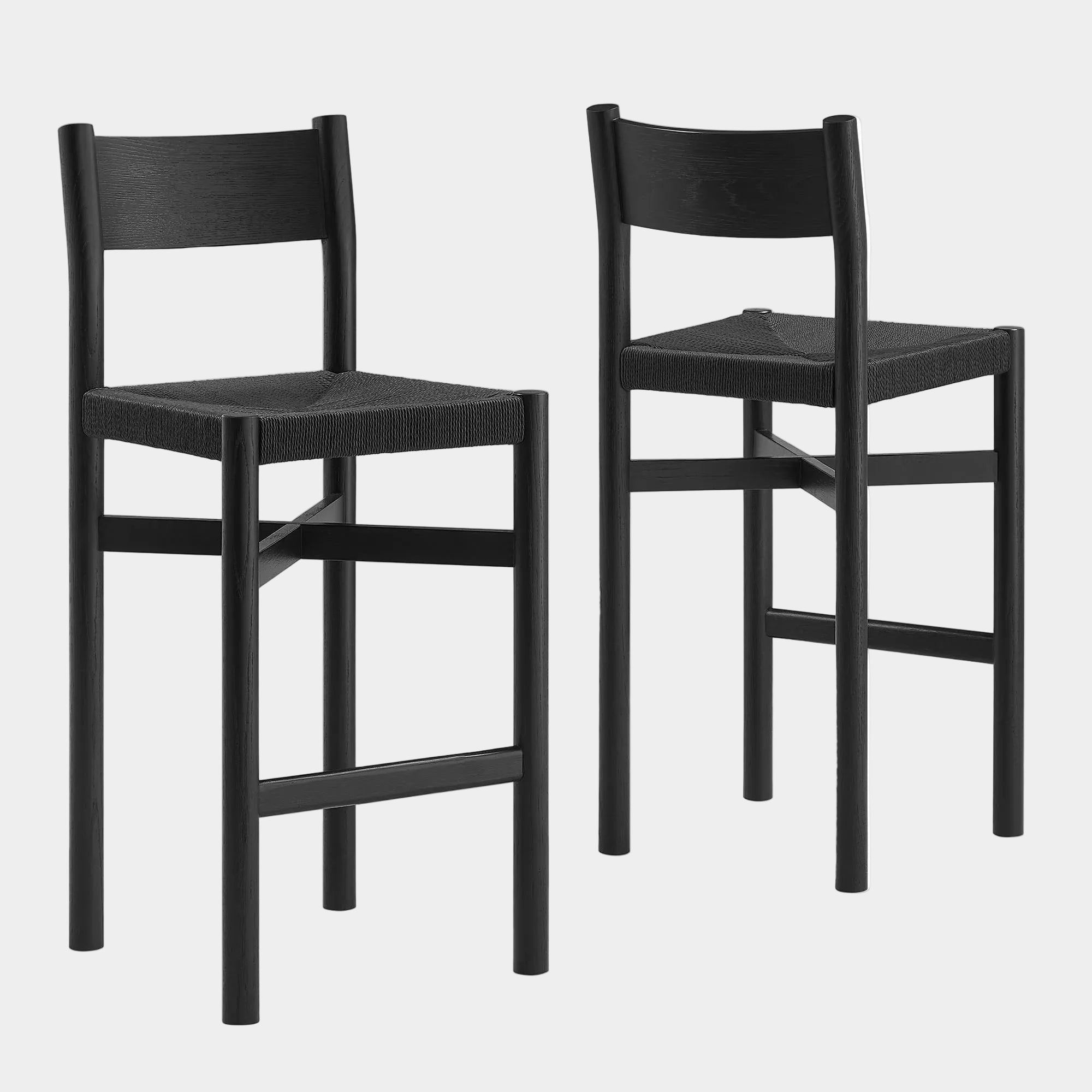 Alvia Oak Wood Bar Stools With Woven Seats Set of 2