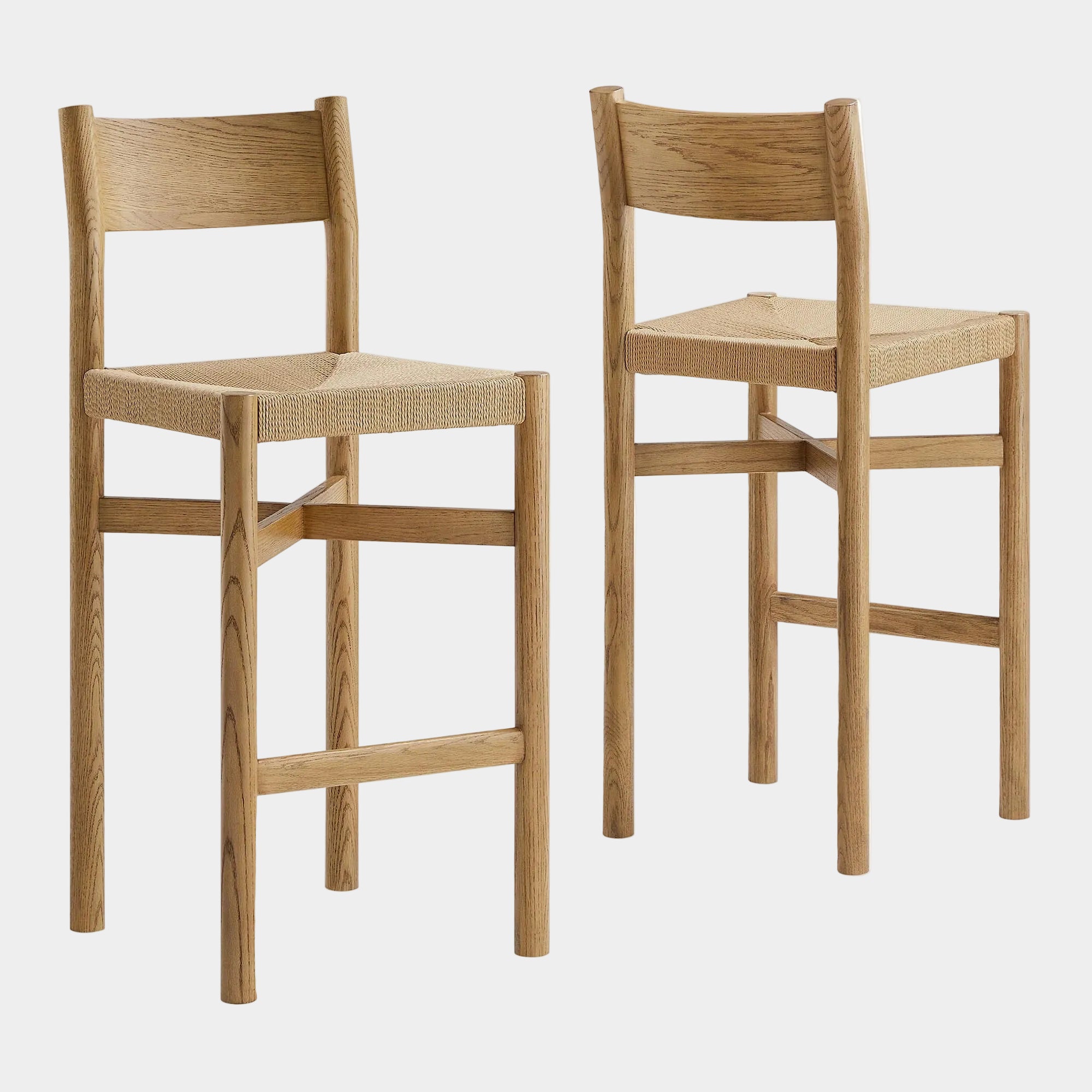 Alvia Oak Wood Bar Stools With Woven Seats Set of 2
