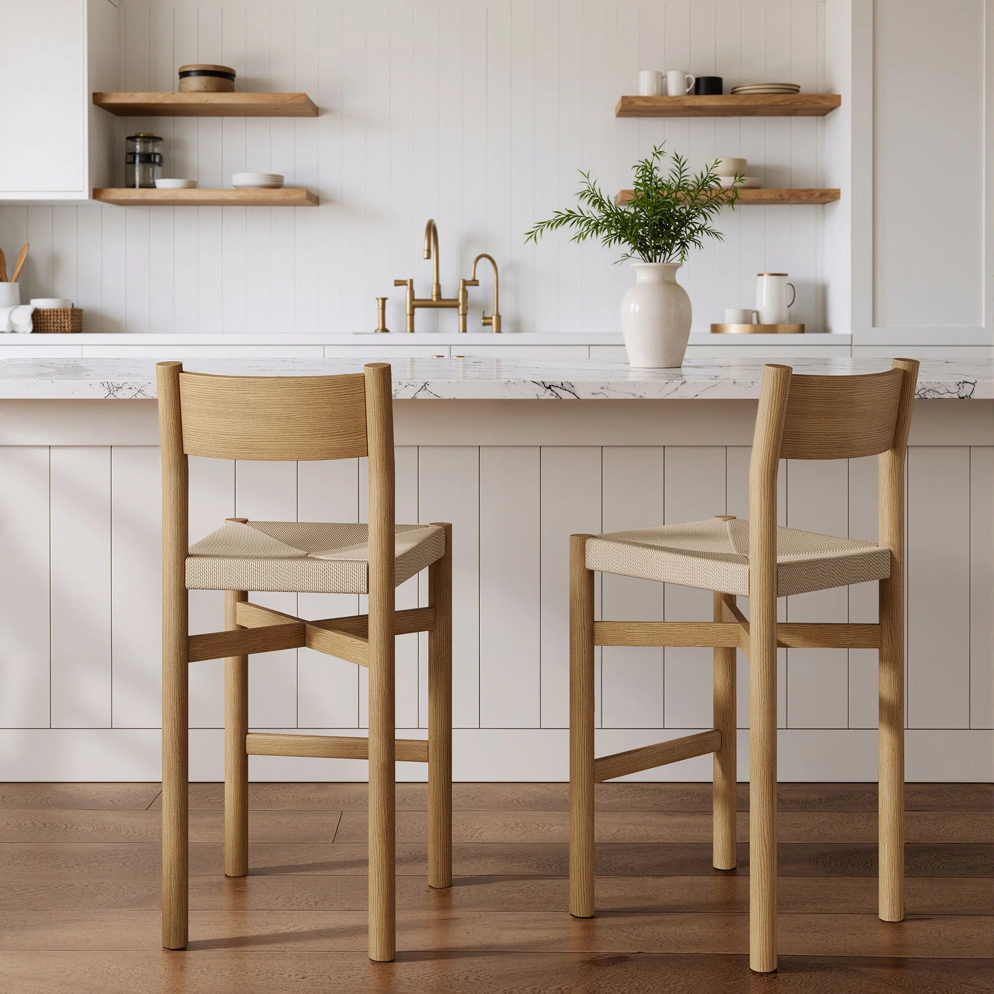 Alvia Oak Wood Bar Stools With Woven Seats Set of 2