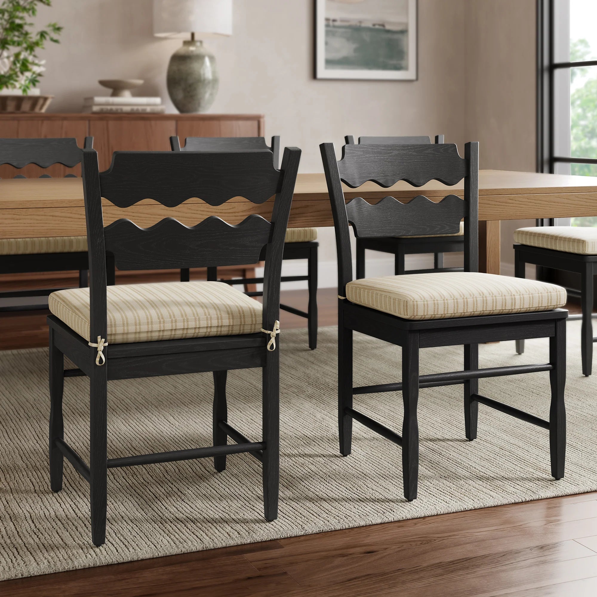 Jax Oak Wood Dining Chair With Wavy Razor Back and Cushion Set of 2