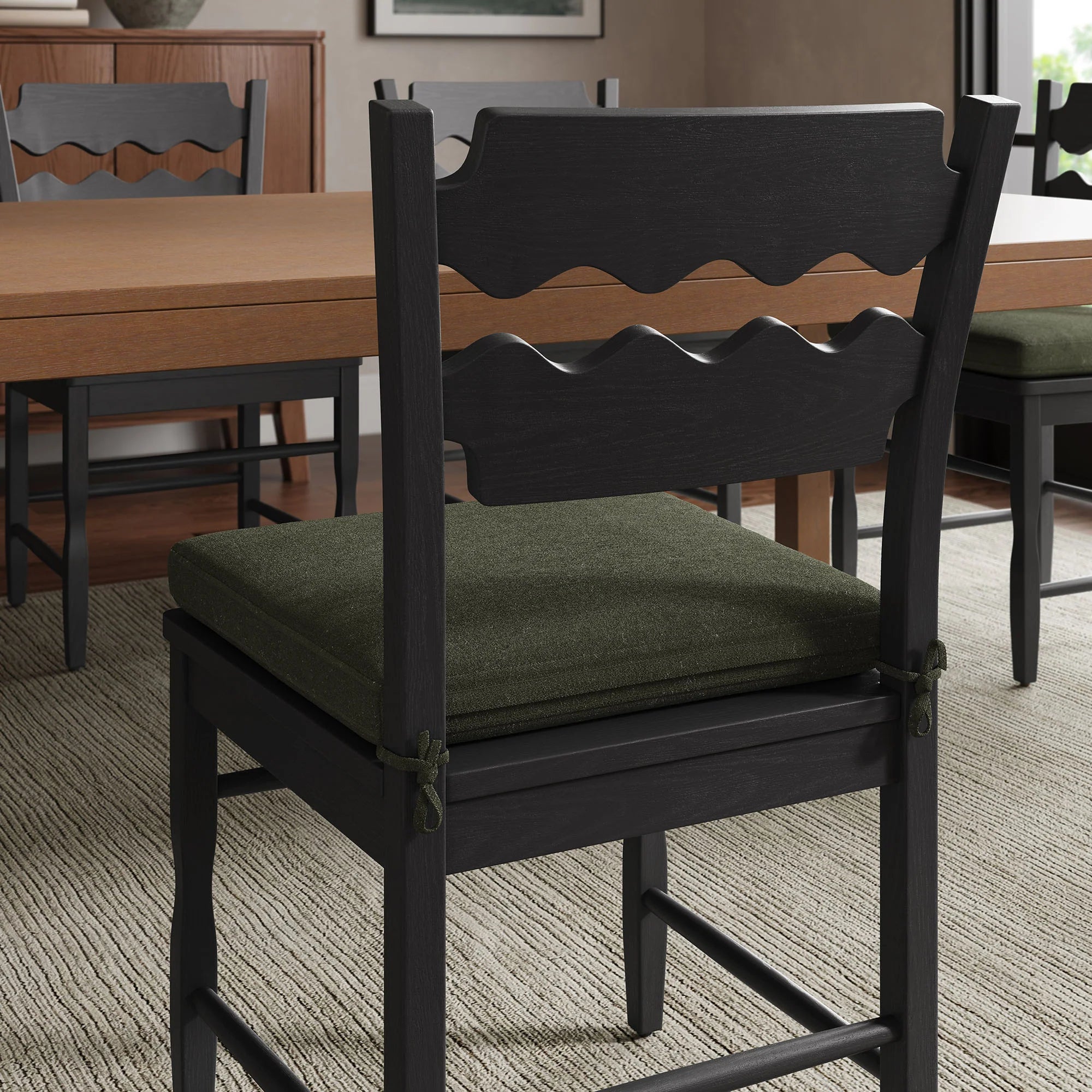 Jax Oak Wood Dining Chair With Wavy Razor Back and Cushion Set of 2