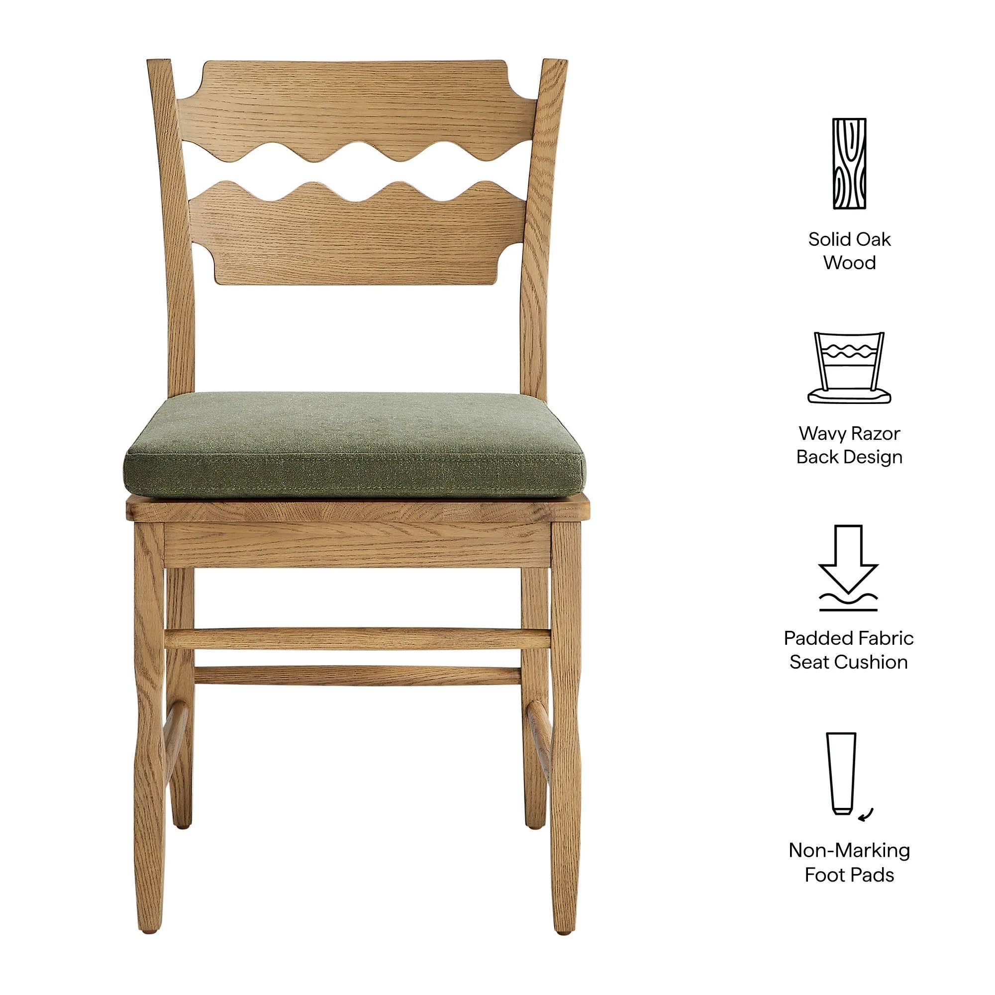 Jax Oak Wood Dining Chair With Wavy Razor Back and Cushion Set of 2