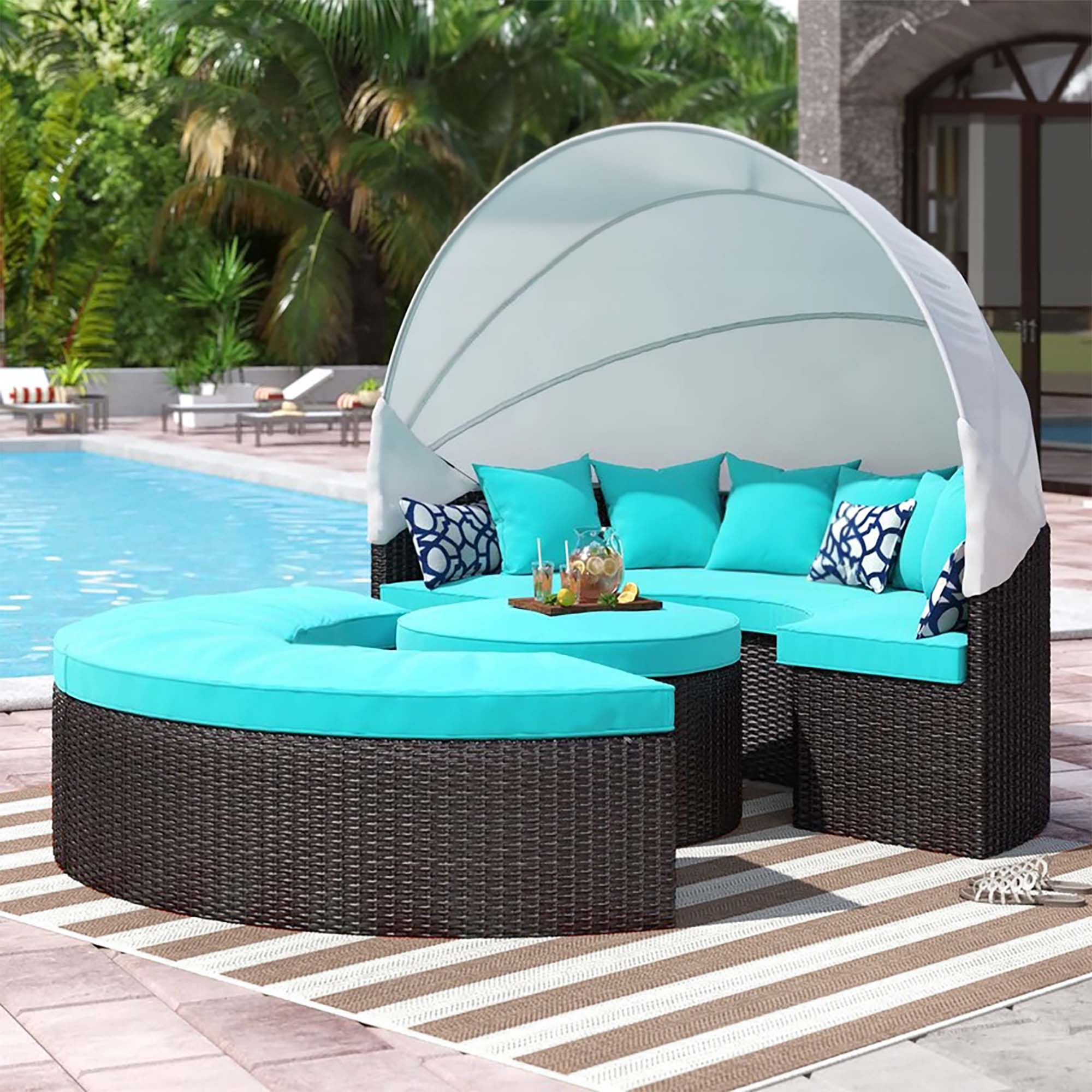 Quest Outdoor Patio Wicker Rattan Canopy Sectional Daybed