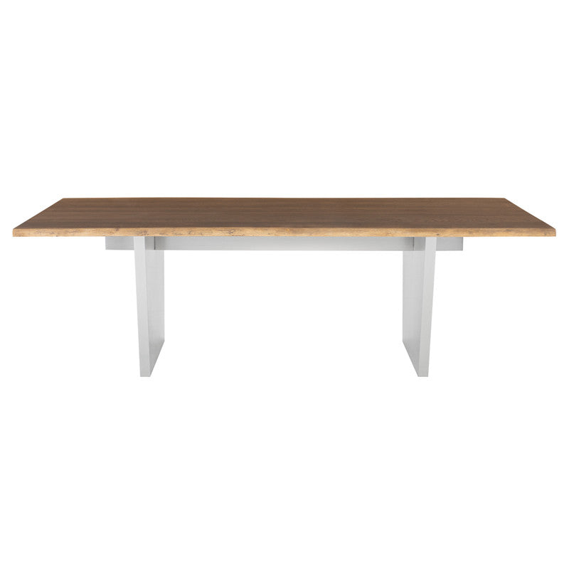Table à manger Aiden (plateau en chêne brûlé avec pieds en acier inoxydable brossé)