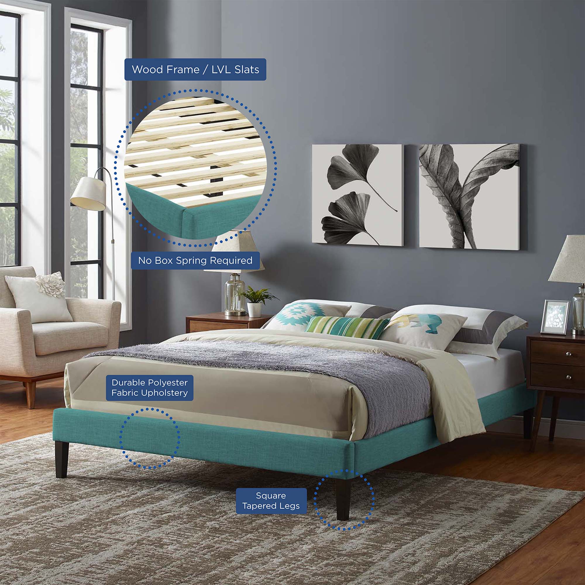 Tessie Fabric Bed Frame with Squared Tapered Legs