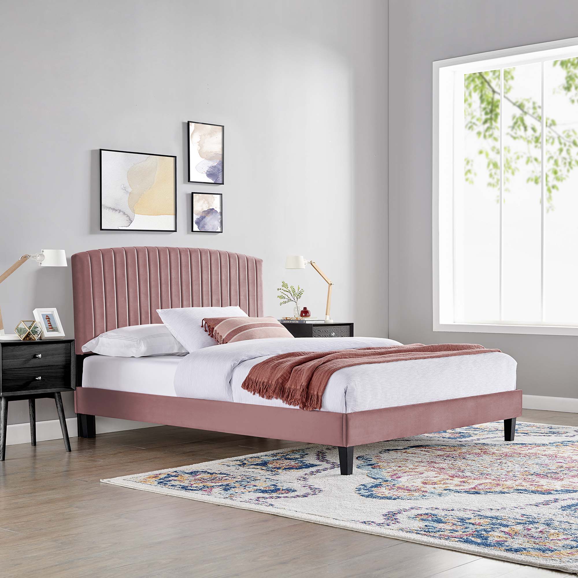 Alessi Performance Velvet Platform Bed With Black Wood Legs