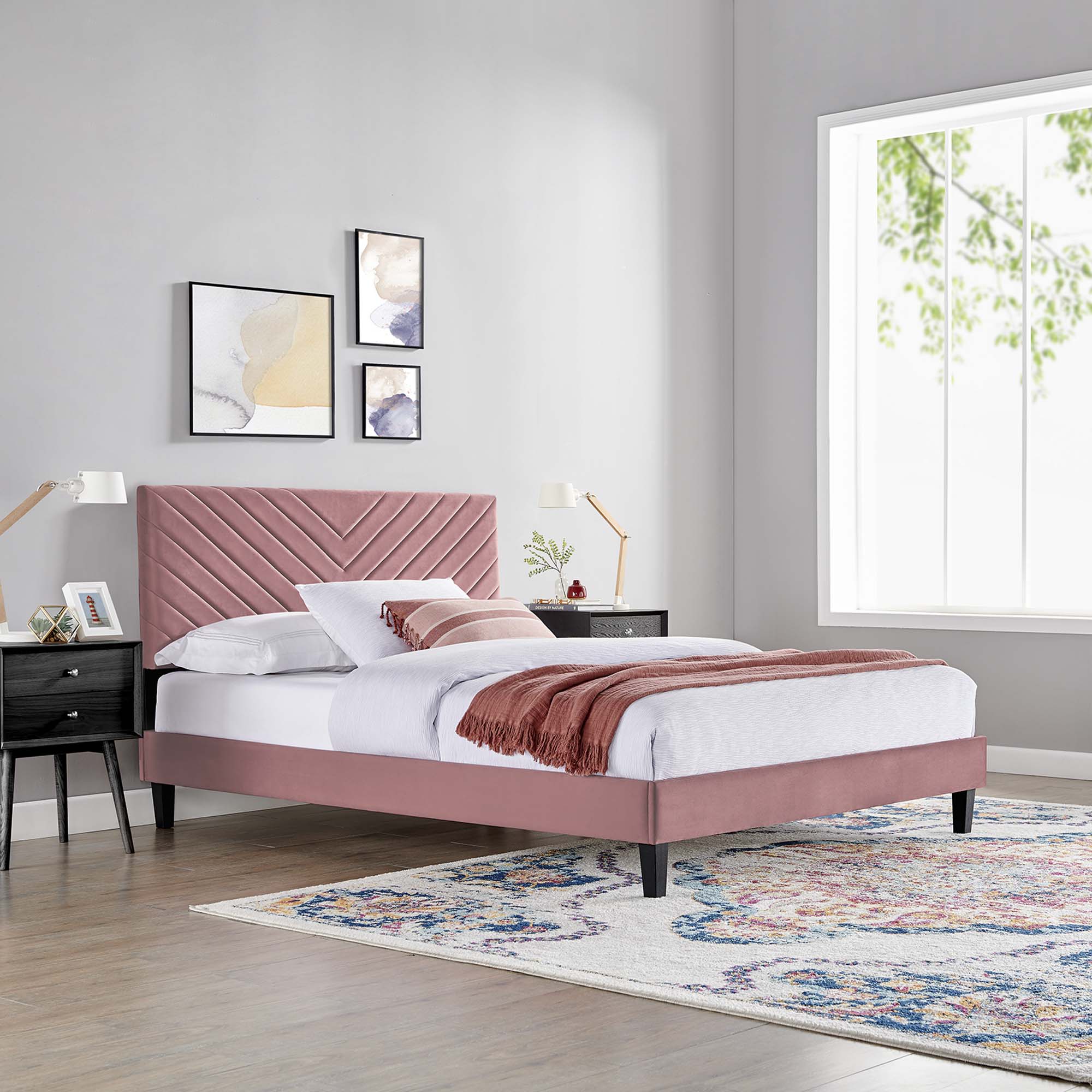 Roxanne Performance Velvet Platform Bed With Black Wood Legs