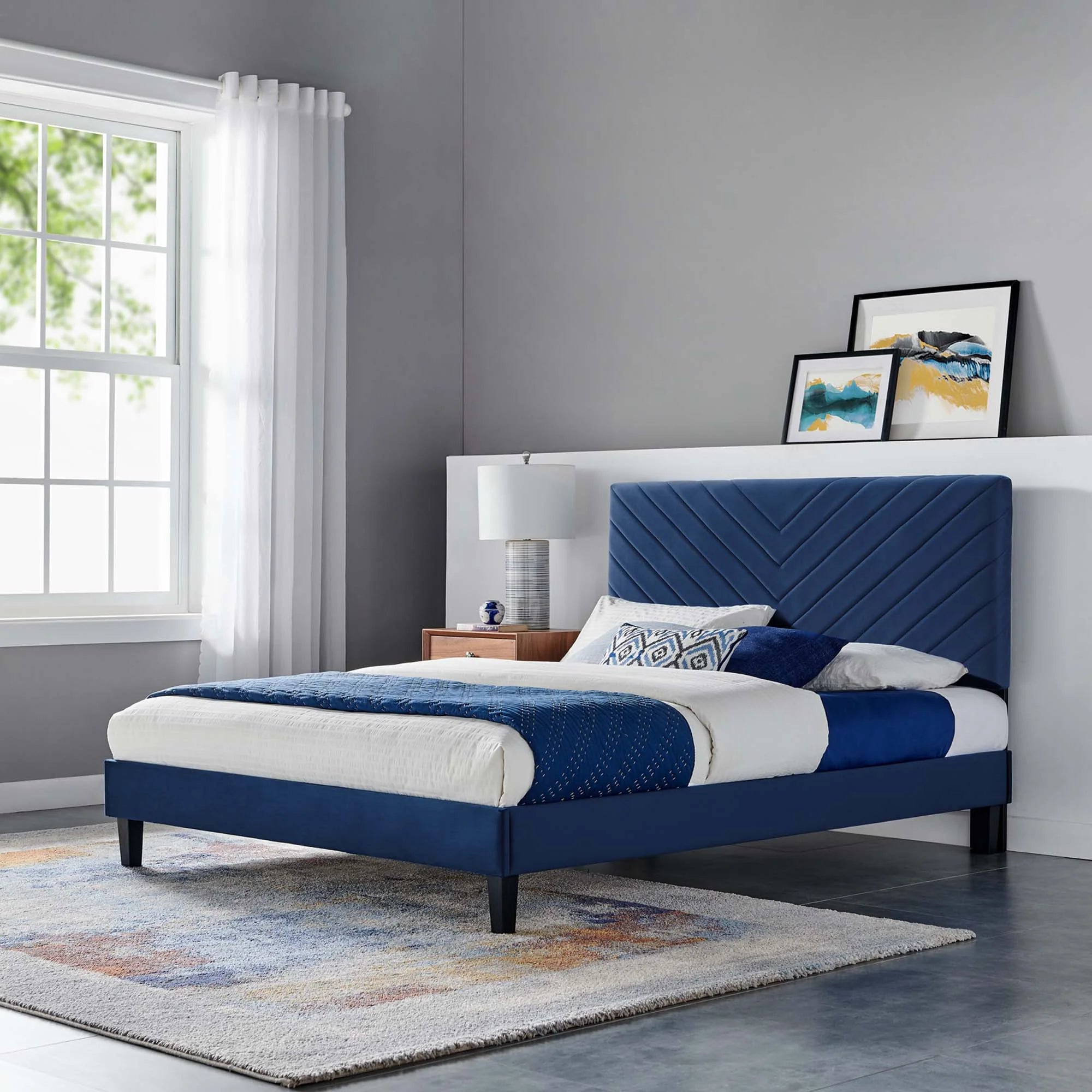 Roxanne Performance Velvet Platform Bed With Black Wood Legs